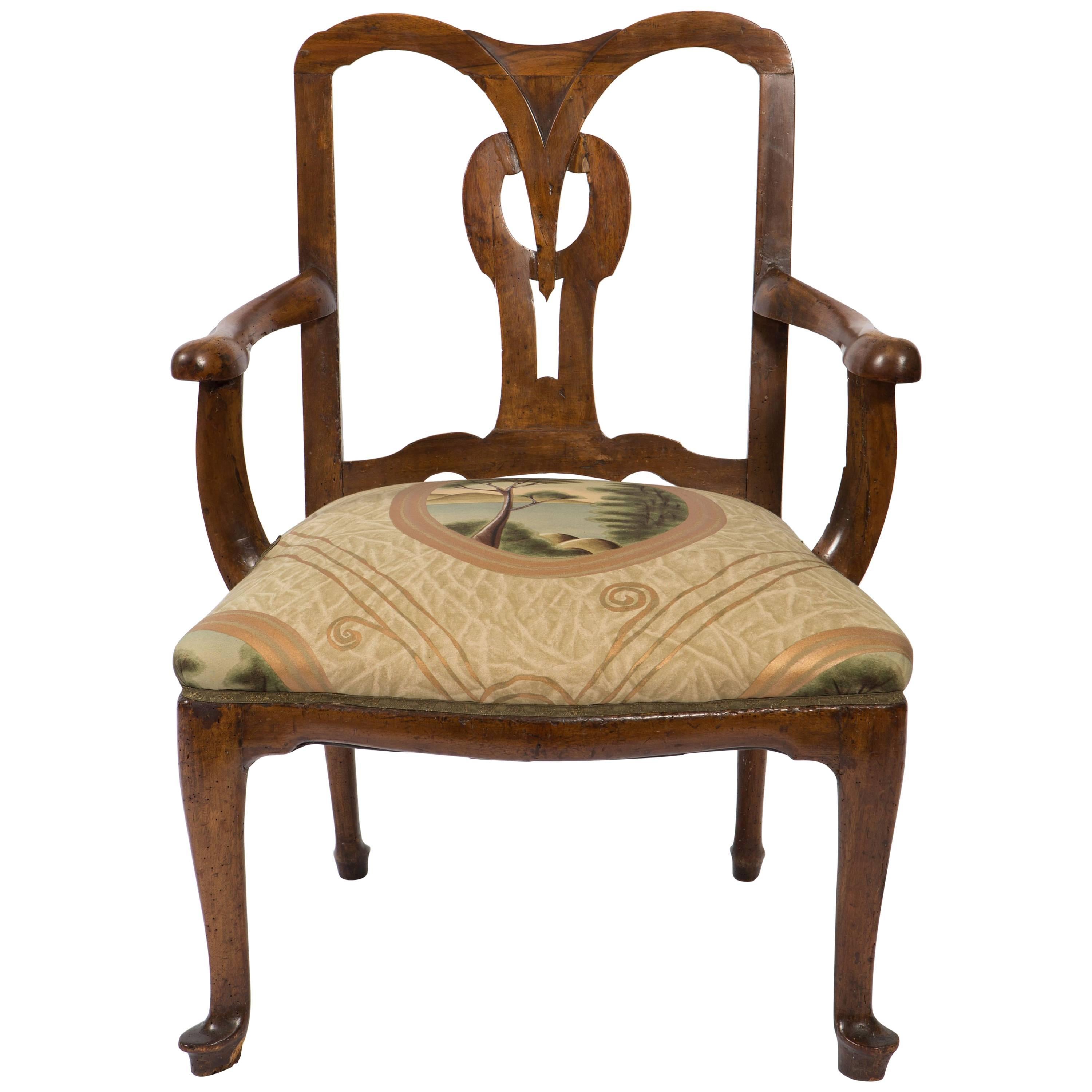 18th Century Walnut Italian Open Back Armchair For Sale