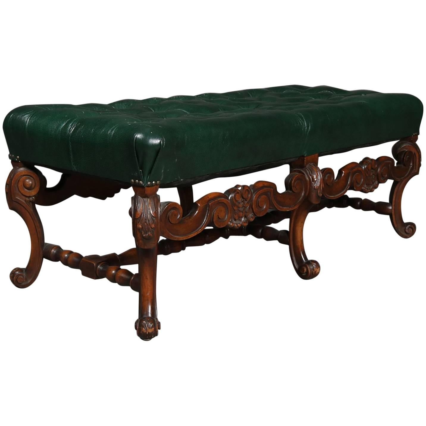 Kittinger Style Continental Button Tufted Leather and Carved Walnut Bench