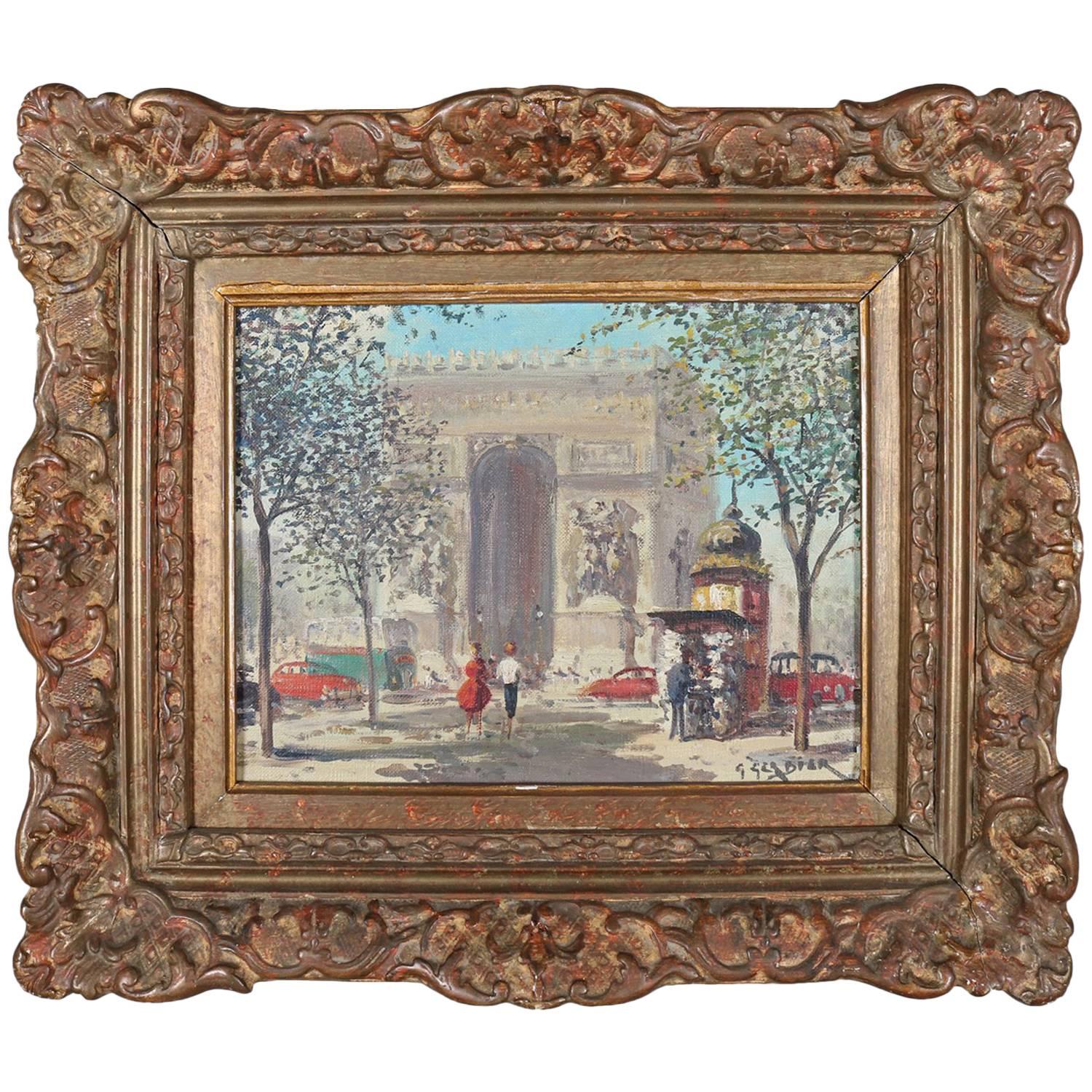 French Oil on Canvas Paris Cityscape Arc De Triomphe in Giltwood, Signed