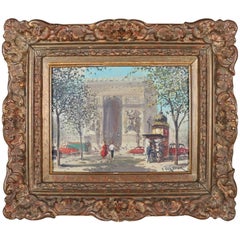 Vintage French Oil on Canvas Paris Cityscape Arc De Triomphe in Giltwood, Signed