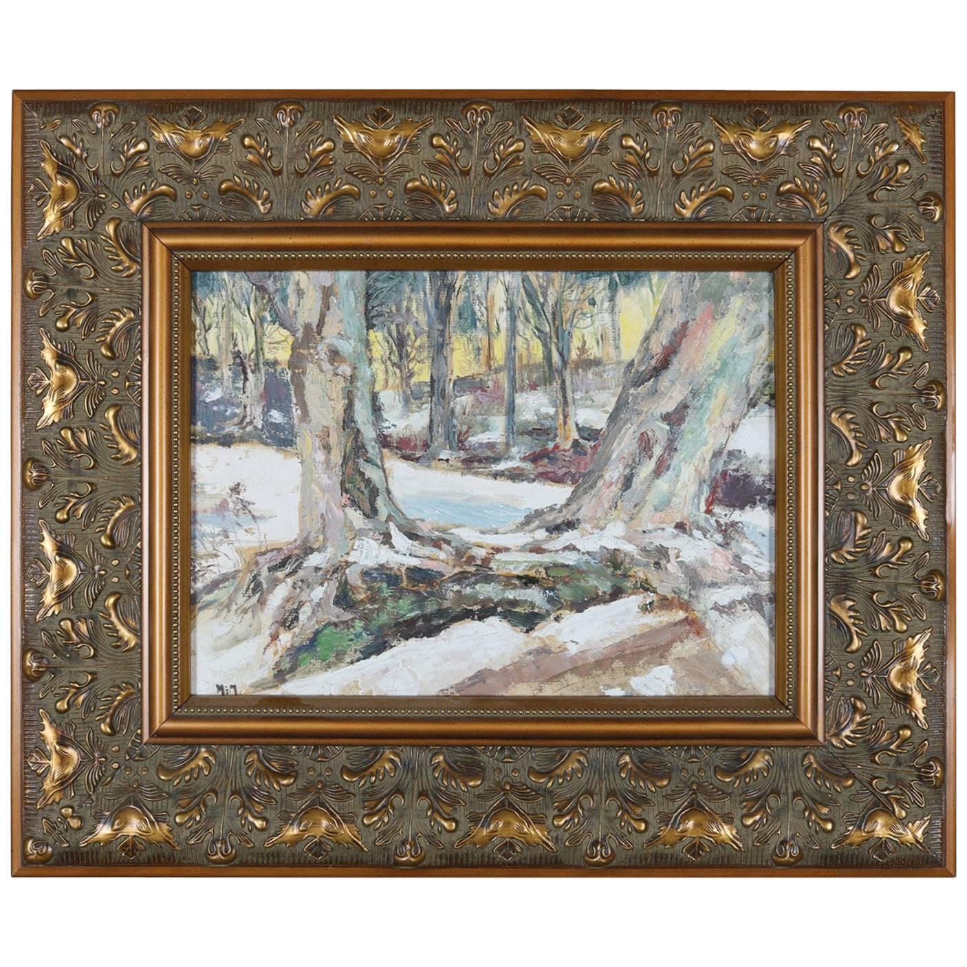 Oil on Canvas Impressionist Landscape Painting of Winter Scene, 20th Century