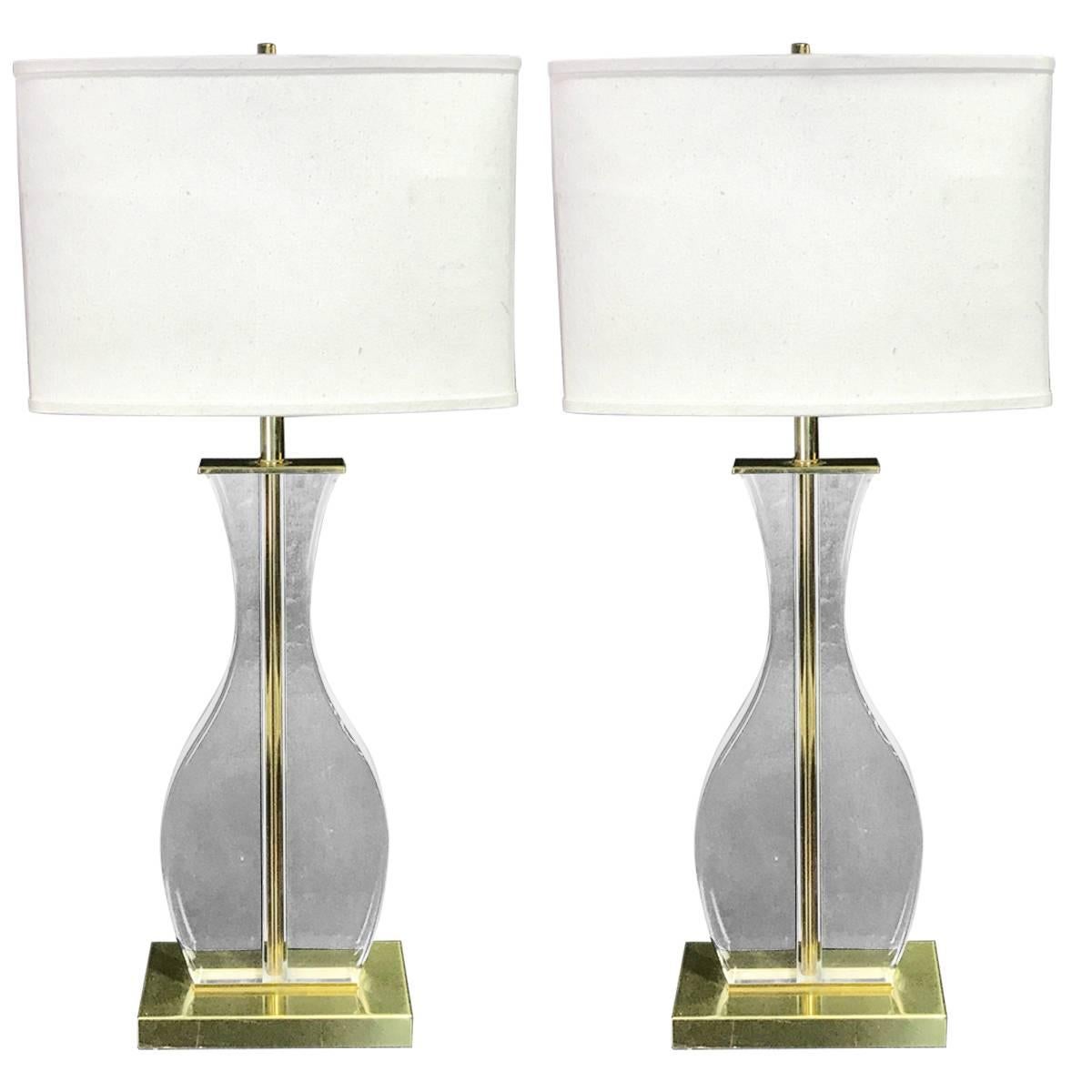 Pair of Sculptural Motif Brass and Lucite Table Lamps