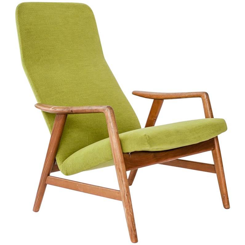 High Back Lounge Chair in Teak, Upholstered in Green Kwadrat Fabric For Sale