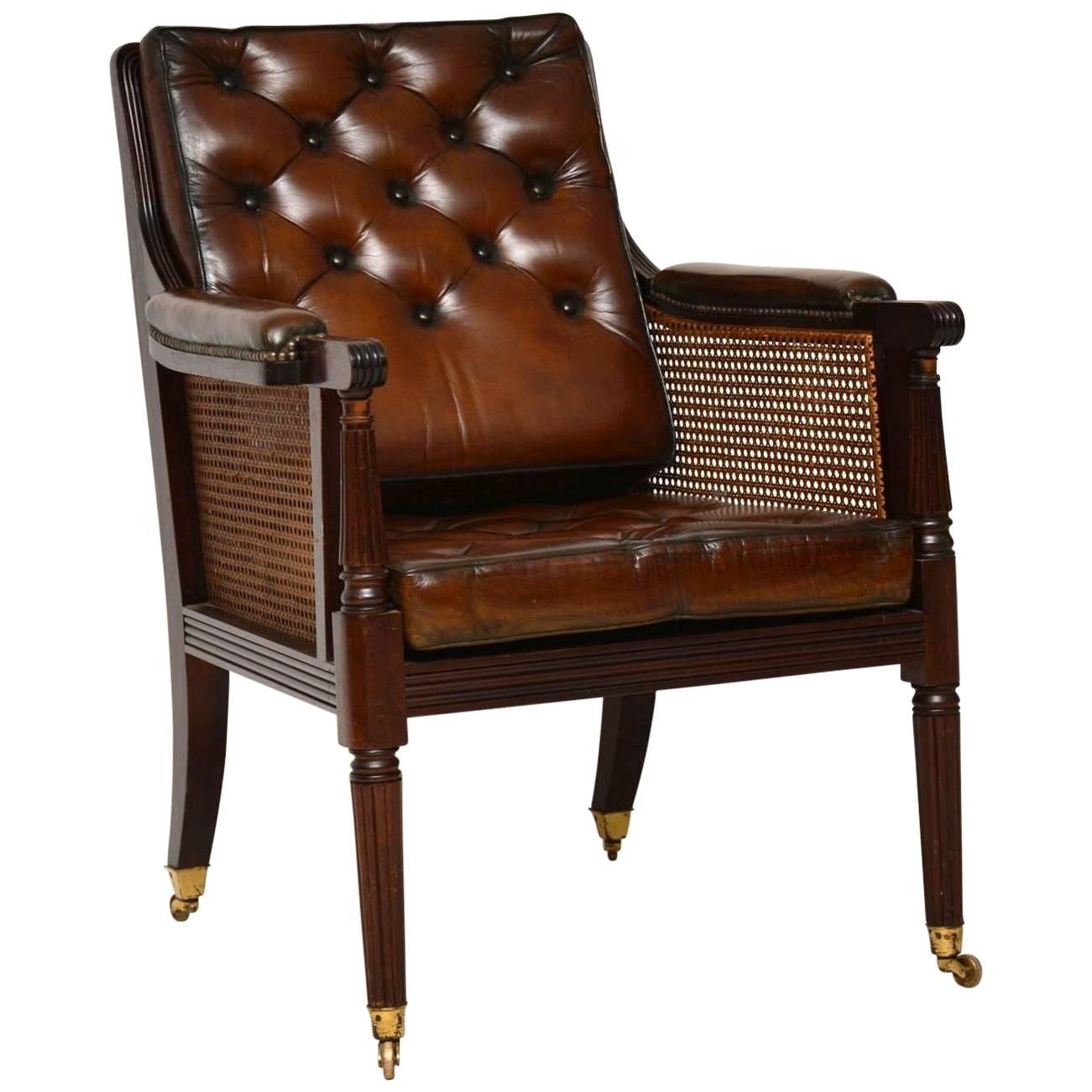 Antique Leather and Caned Mahogany Armchair