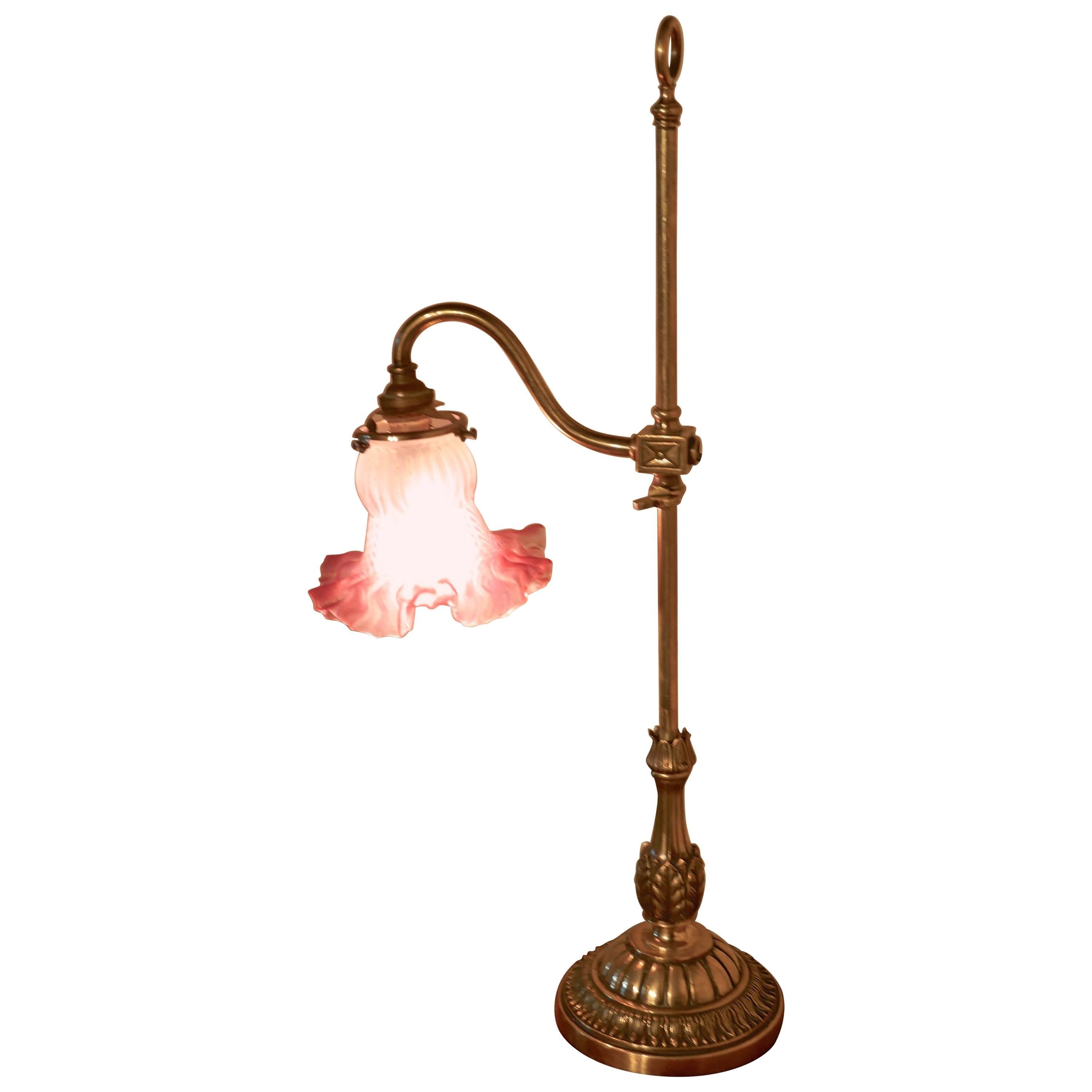Victorian Brass Adjustable Table Lamp with Rose Pink Shade