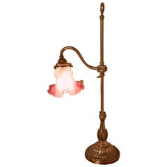 Antique Victorian Brass Adjustable Table Lamp with Rose Pink Shade