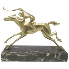 French Art Deco Brass Sculpture of a Racehorse and Jockey