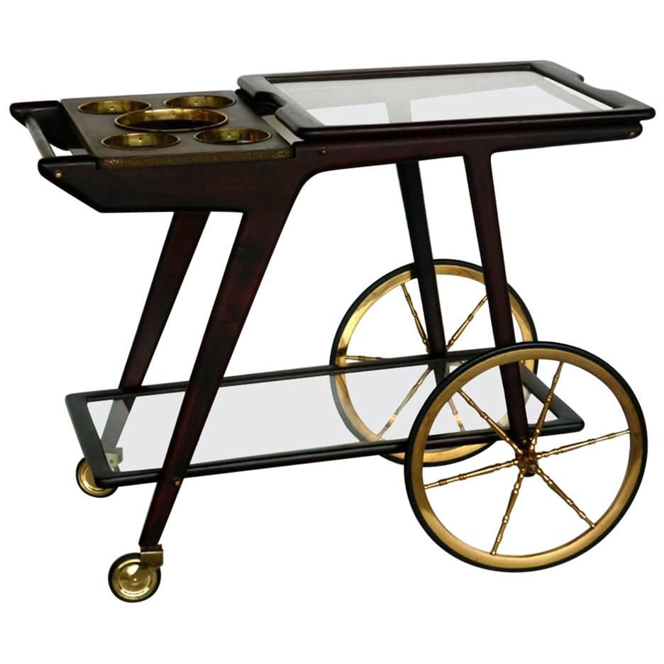 1950s by Cesare Lacca Italian Midcentury Brass Rosewood Trolley Bar Cart For Sale