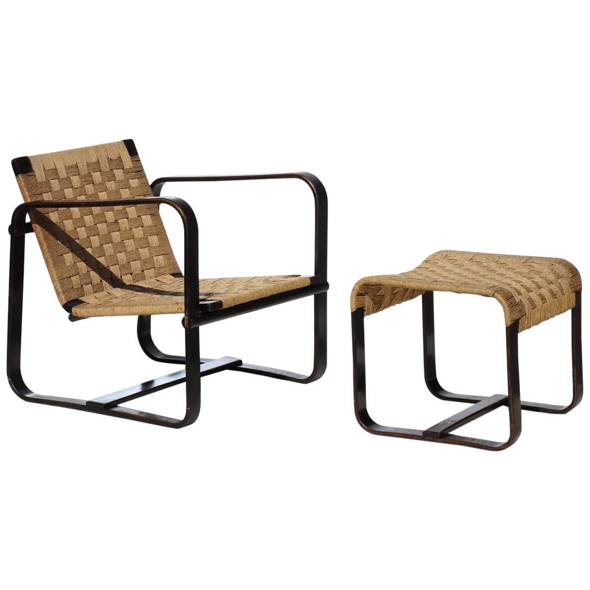 1930 "Bocconi" by Giuseppe Pagano Rationalist Design Plywood Armchair and Stool