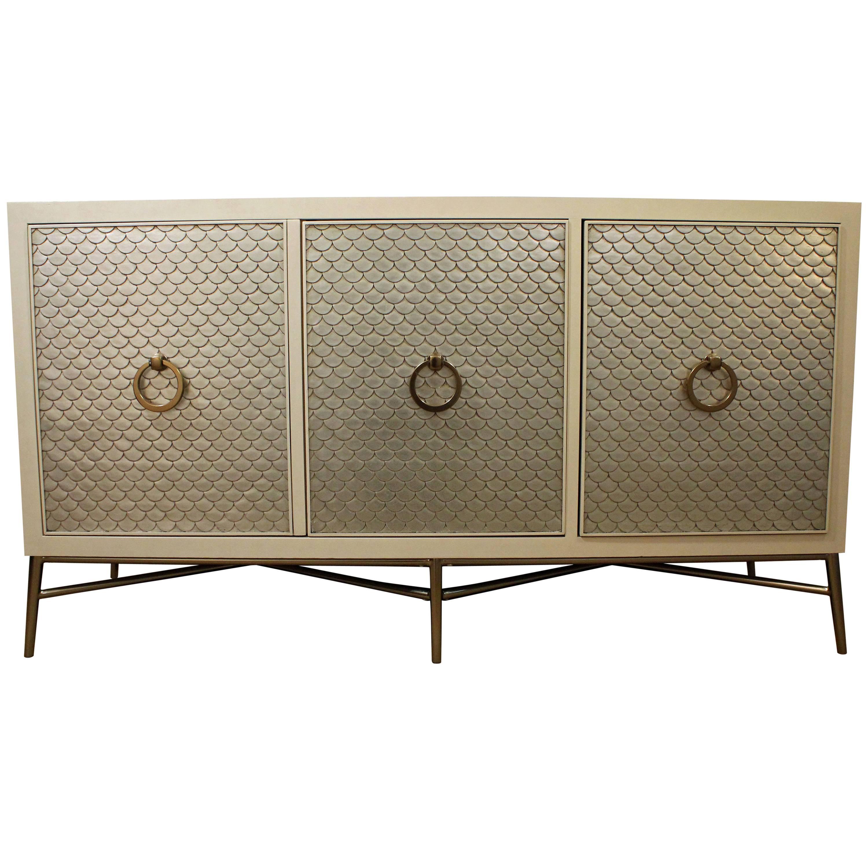 French Regency Silver Leaf Fish Scale Lacquer Wood Media Console/Credenza