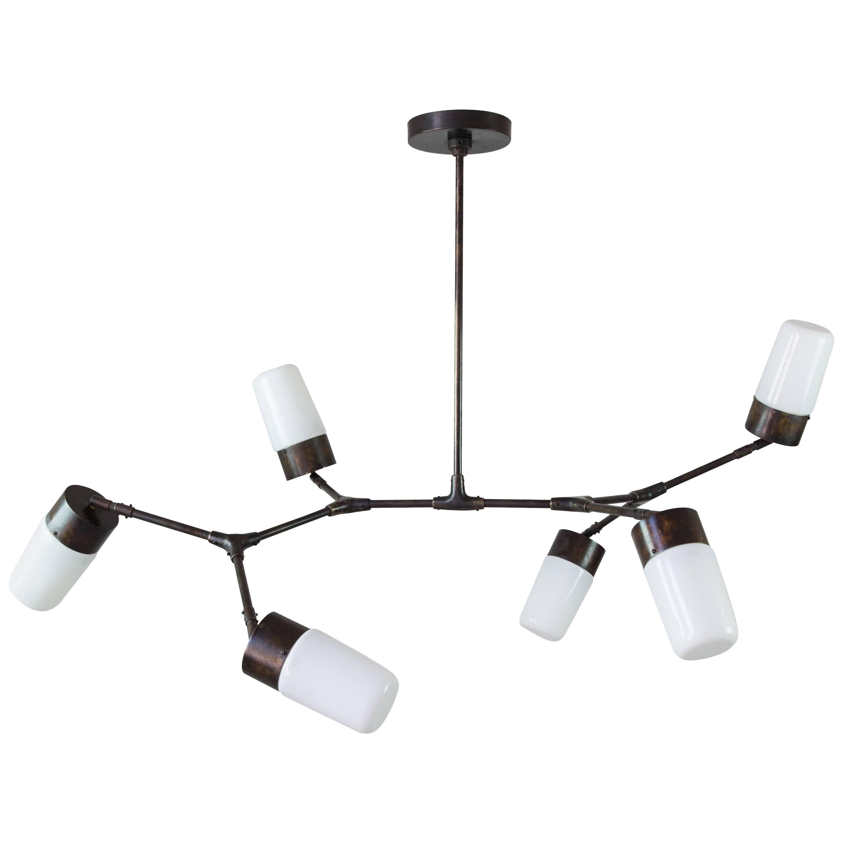 Contemporary Articulated Pendant Lamp, Six Glass, Bronze, Brass, Thierry Jeannot For Sale