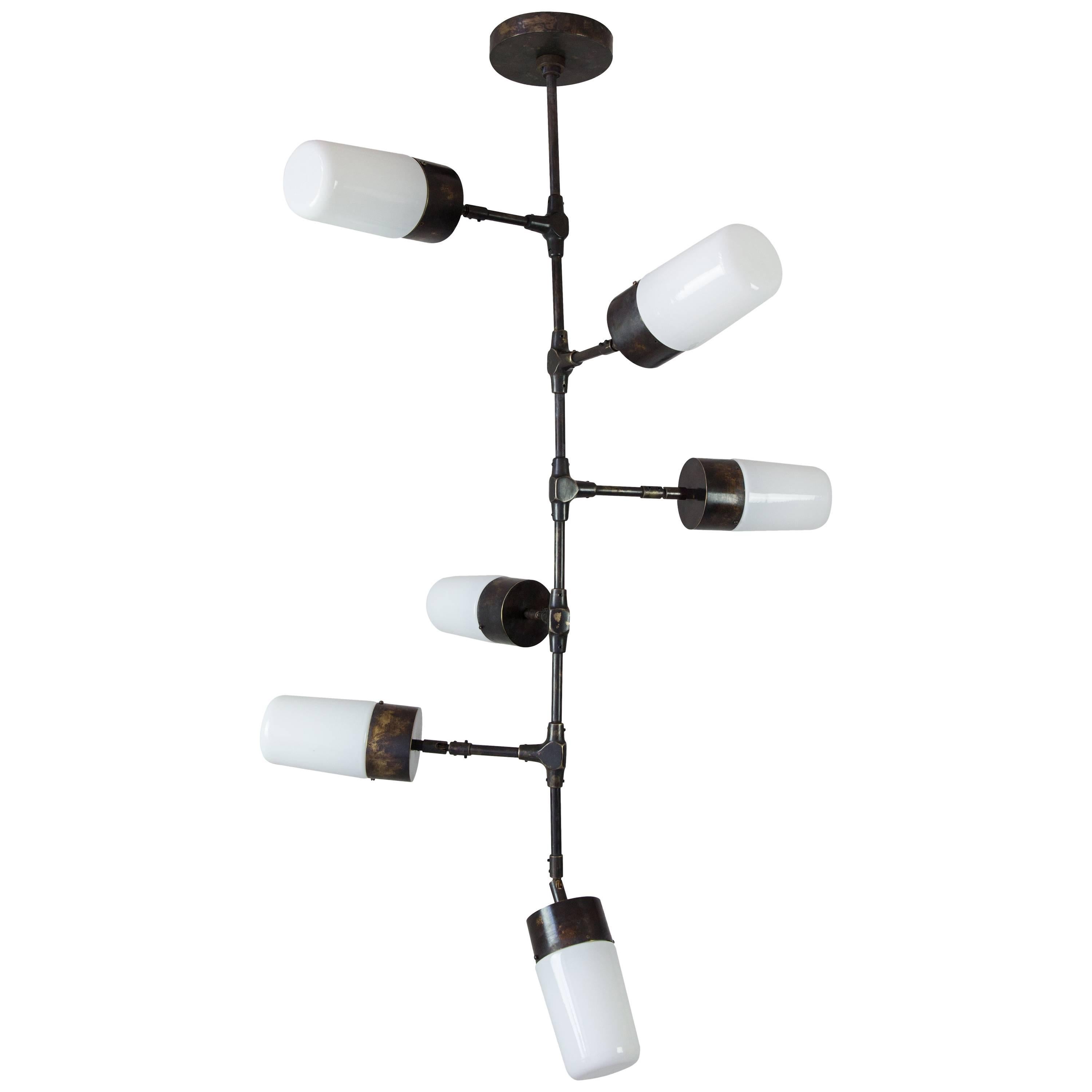 Contemporary Articulated Pendant Lamp, Opaline Glass Shades in Bronze and Brass For Sale