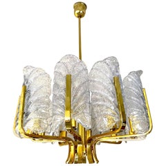 Carl Fagerlund mid-century Chandelier by Orrefors 10 Glass leaves sweden ,1960