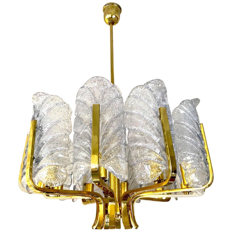 Carl Fagerlund mid-century Chandelier by Orrefors 10 Glass leaves sweden ,1960 For Sale