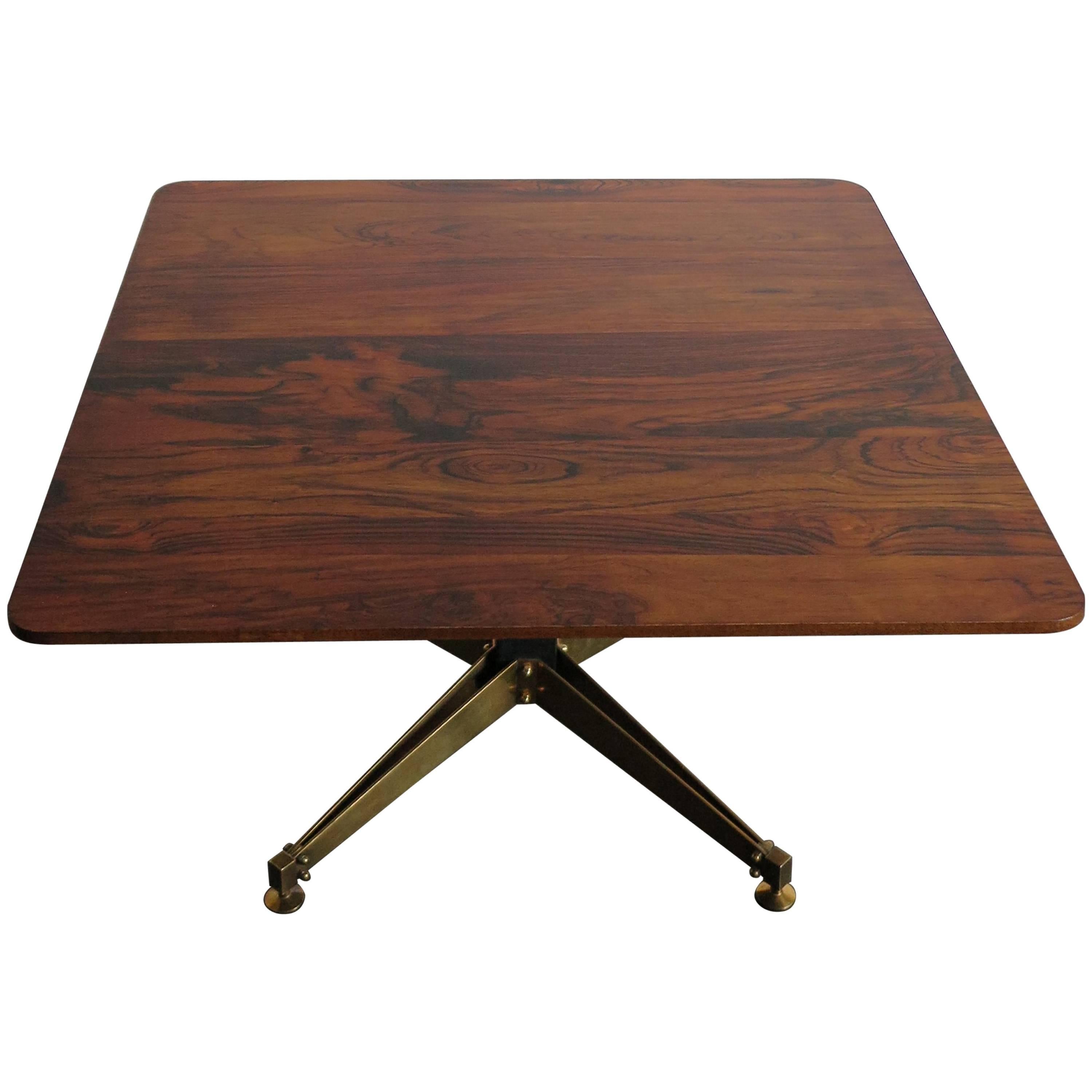 1950s Italian Square Rosewood and Brass Midcentury Modern Design Coffee Table