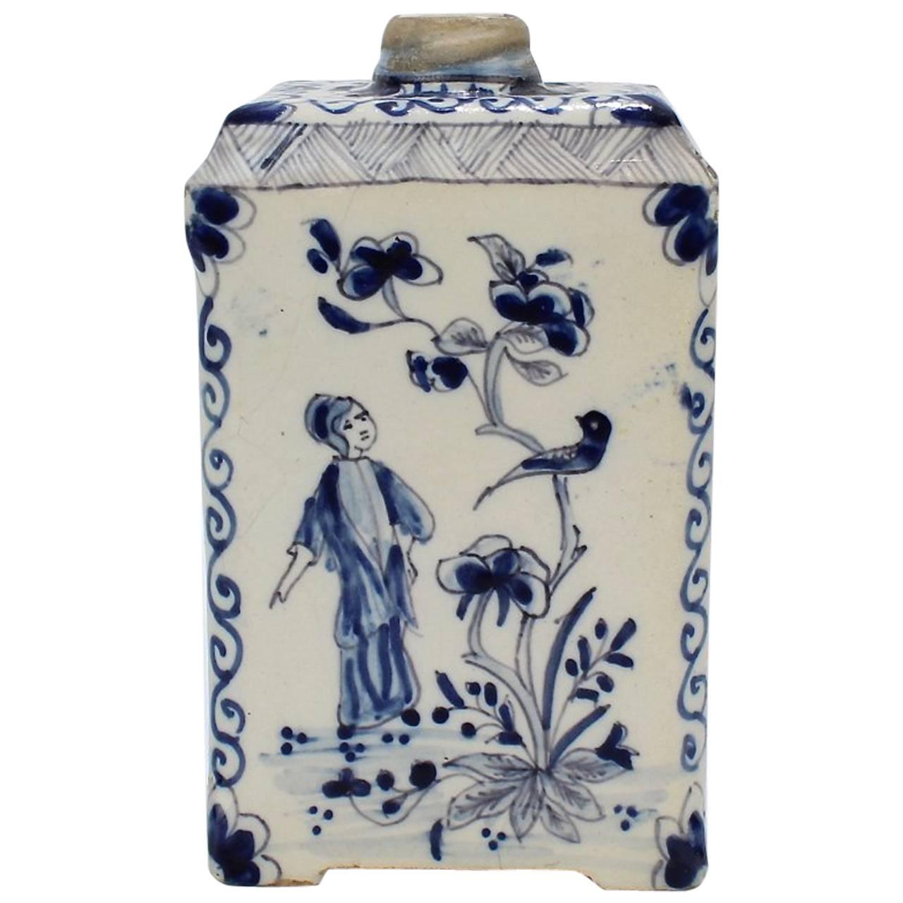 Antique Dutch Delft Blue and White Tin Glazed Pottery Tea Caddy