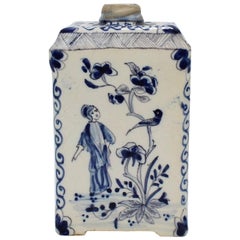 Ancienne boîte à thé en poterie hollandaise émaillée bleu et blanc de Delft