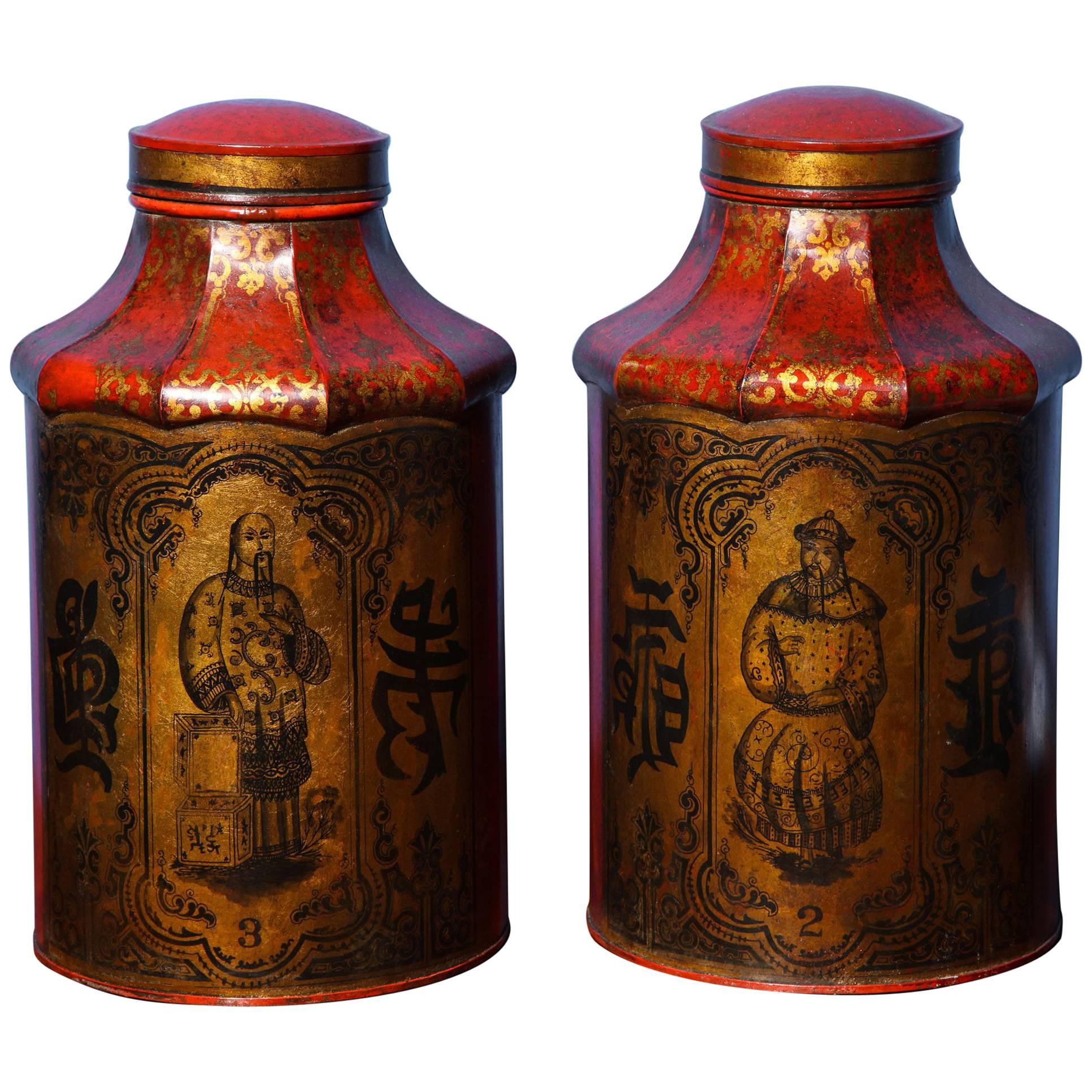Pair Regency Red Chinoiserie Tea Cannisters, circa 1810 In Stock For Sale
