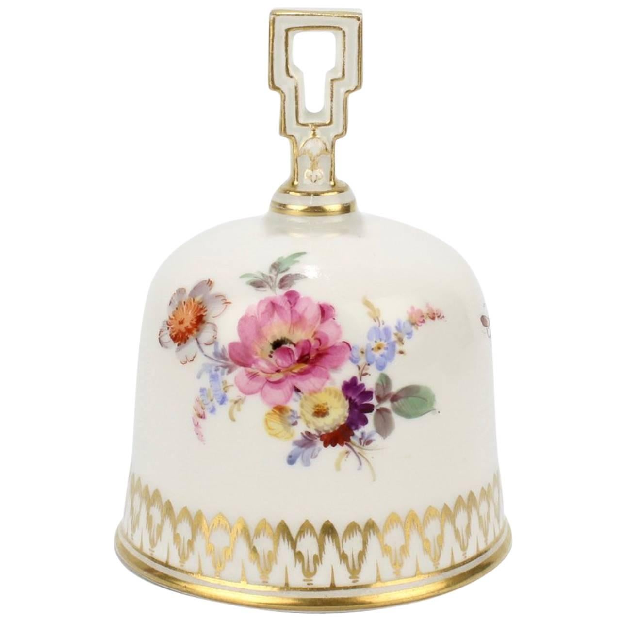 Meissen Porcelain Table Bell with Hand-Painted Dresden Flowers Decoration