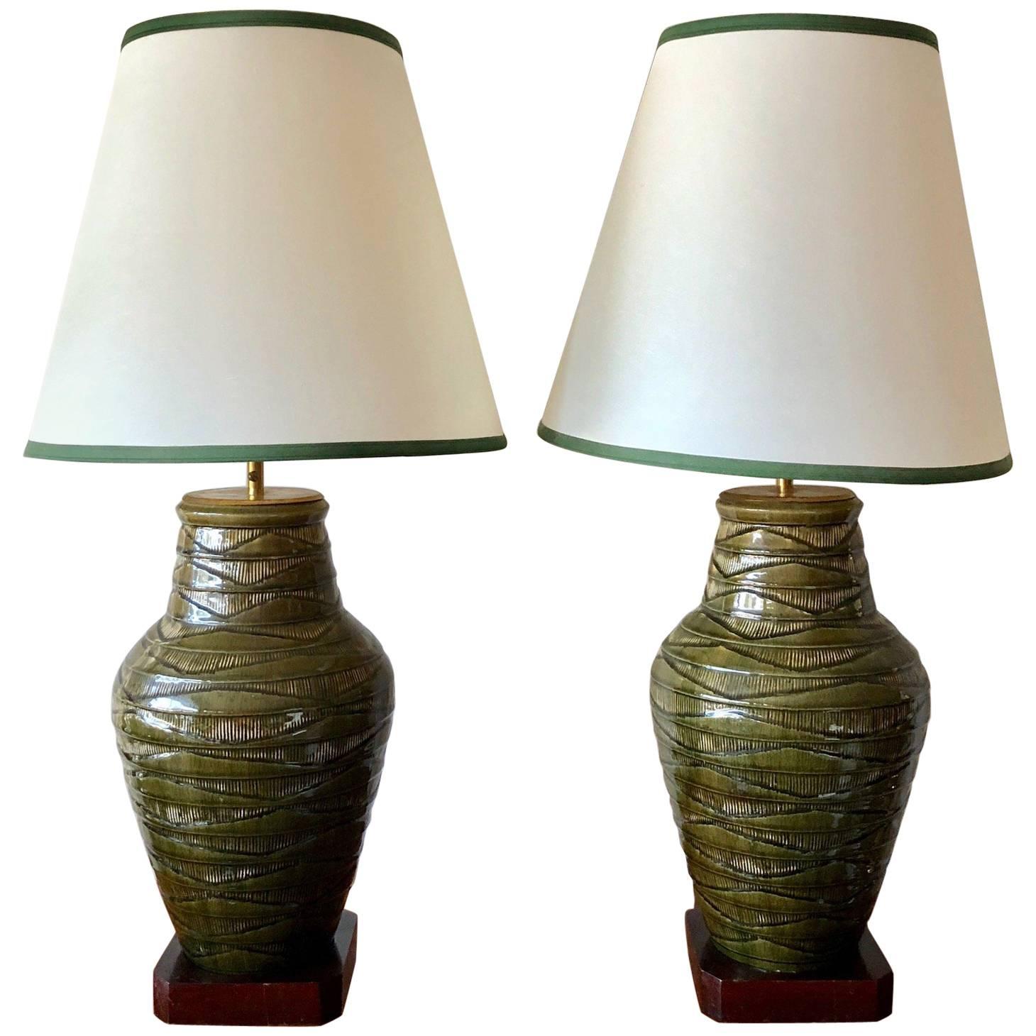 Pair of Impressive Thai Celadon Green Porcelain Crackle Lamps For Sale