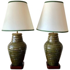 Vintage Pair of Impressive Thai Celadon Green Porcelain Crackle Lamps