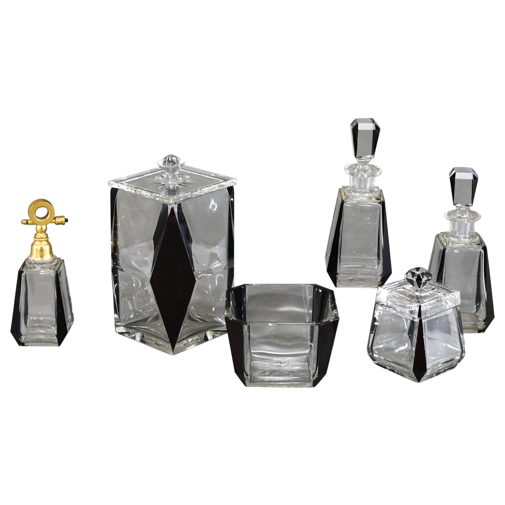Czech Art Deco Black Enamel & Hand Blown & Cut Crystal 6 Pc Dresser Set Palda For Sale