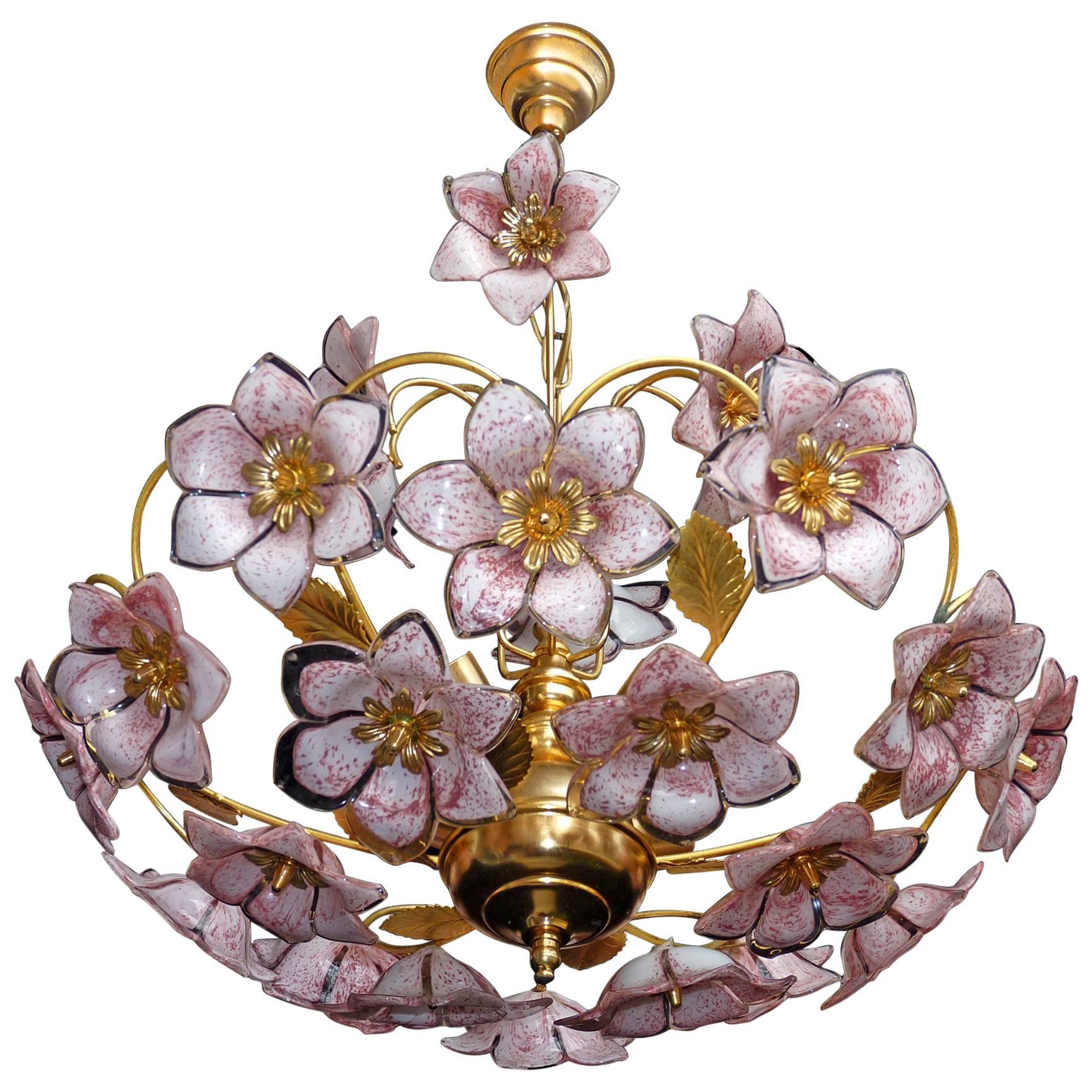 Mid-Century Italian Murano Pink Flower Bouquet Art Glass & Gilt Brass Chandelier