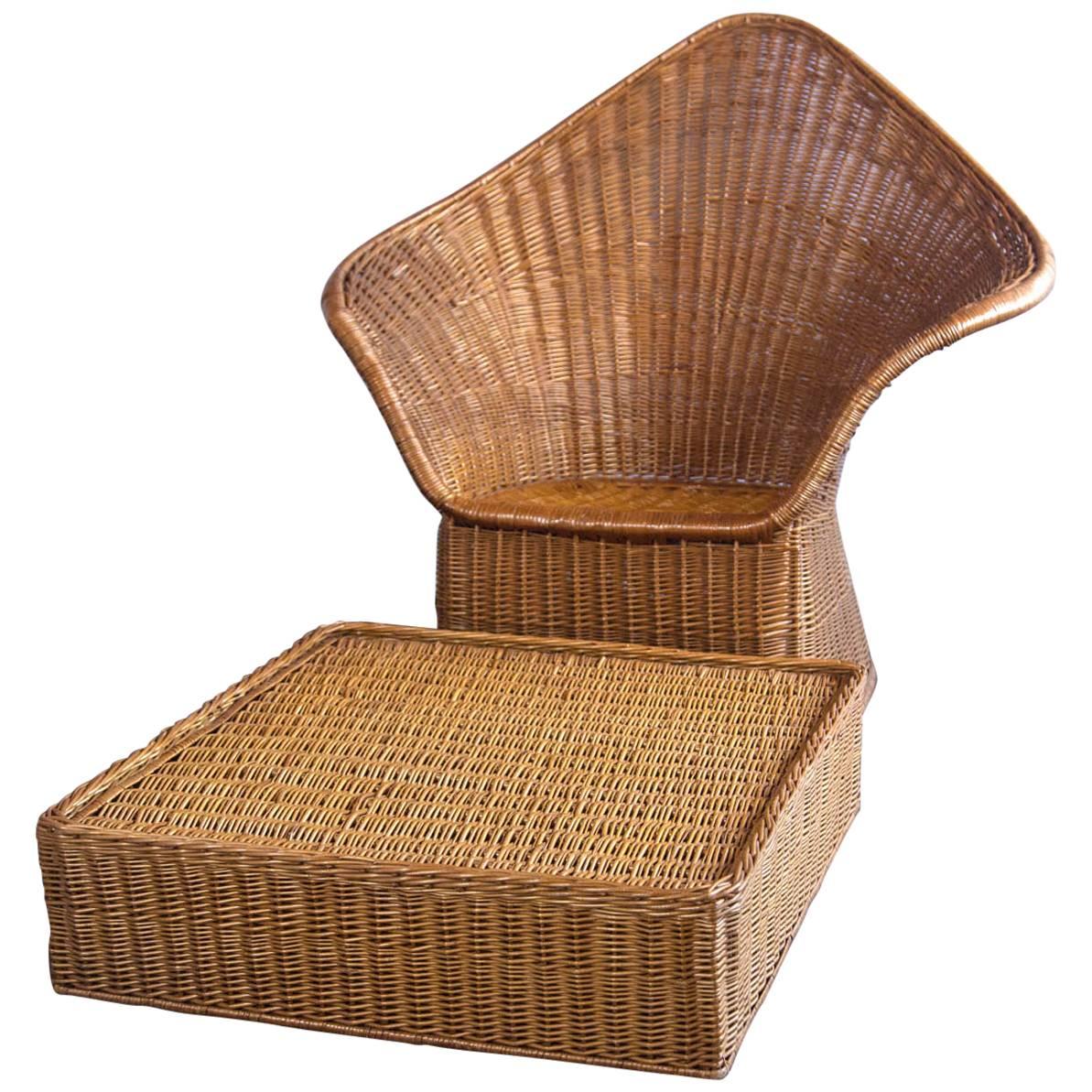 Midcentury Triangular Wicker/Rattan Armchair and Ottoman