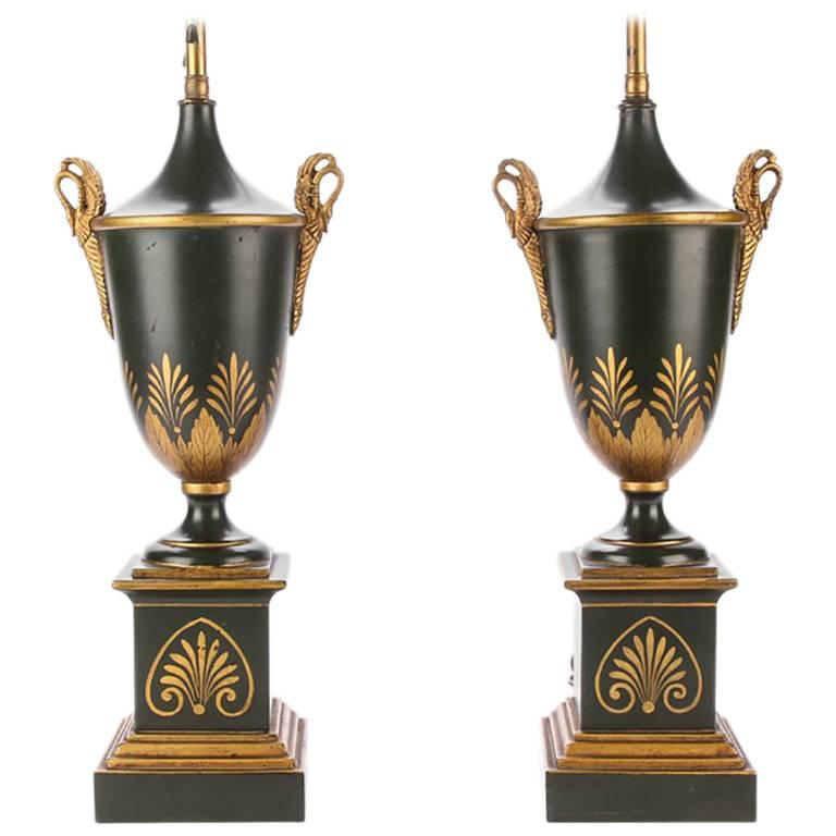 Pair of Neoclassical Tole Urn Form Lamps