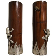 Pair of 20th Century Bamboo and Sliver Plate Frog and Dragonfly Sleeve Vases