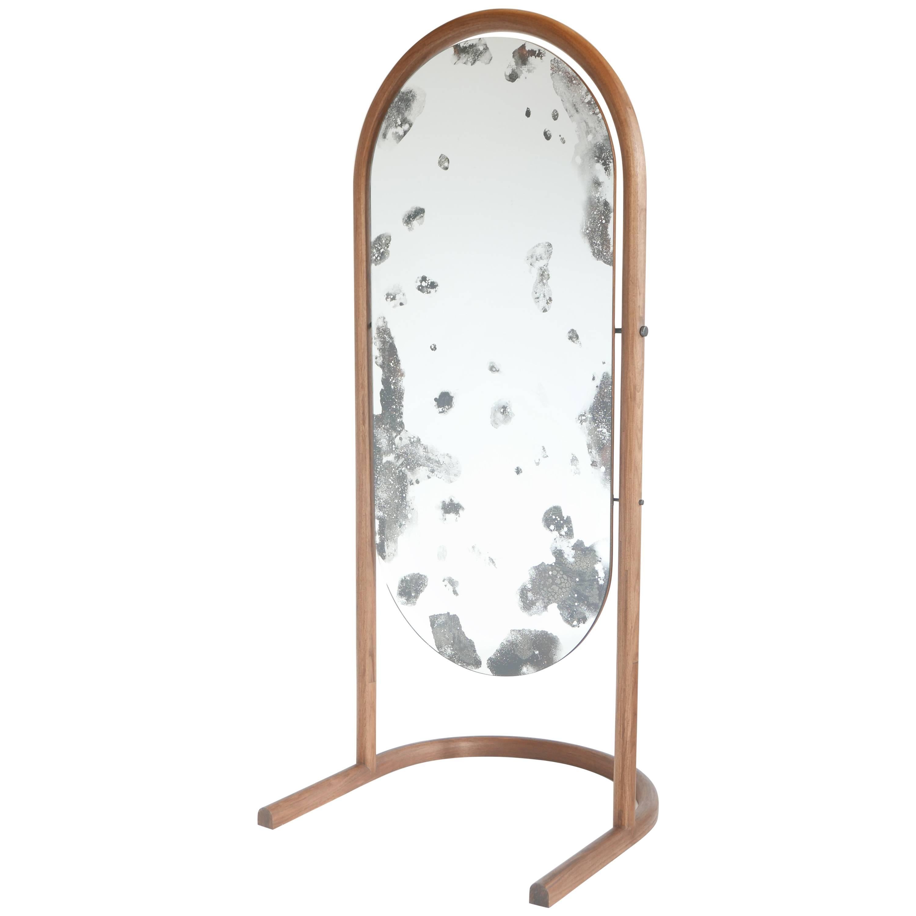 Black Walnut Cheval Floor Mirror with Hand Antiqued Glass by Hinterland Design For Sale