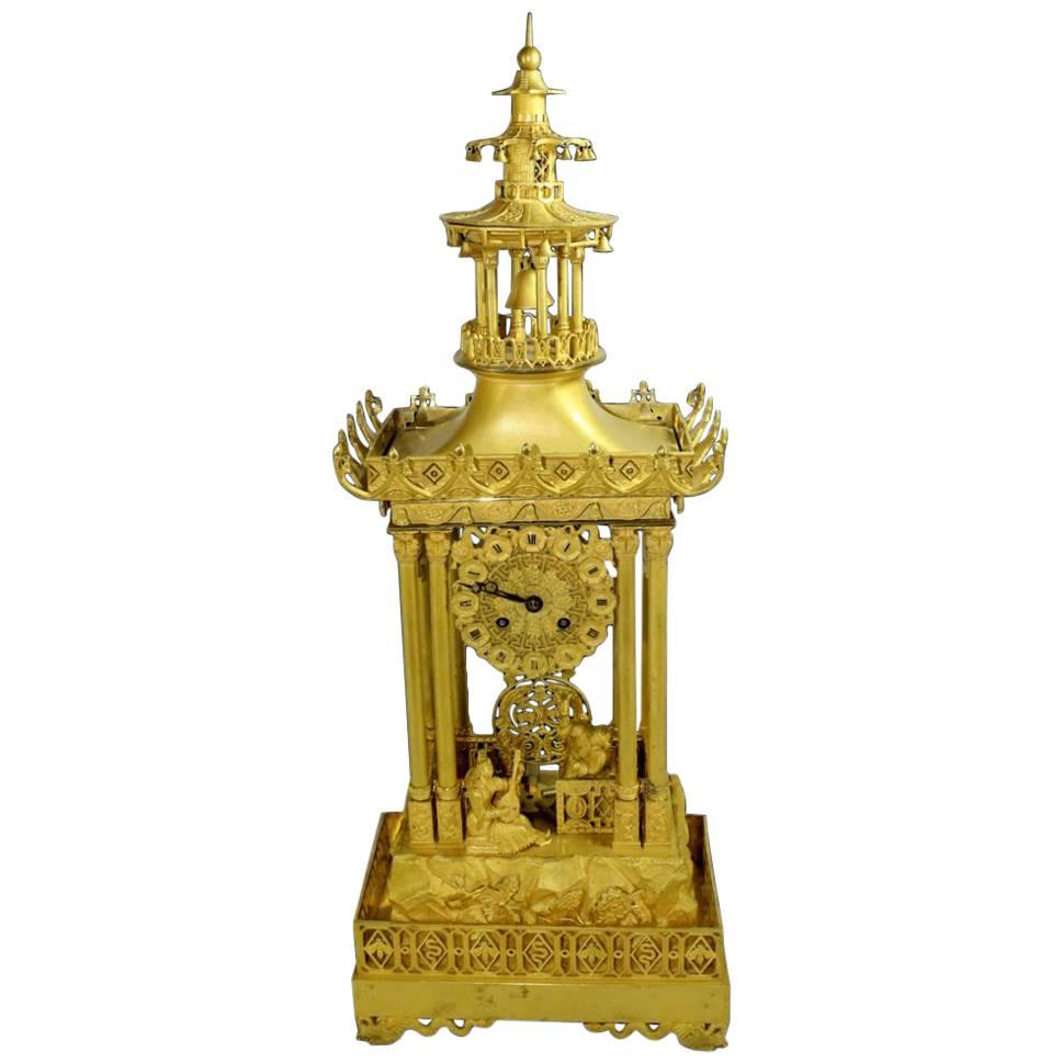 French Restoration Period Chinese Motif Gilt Bronze Mantel Clock by Honoré Pons For Sale