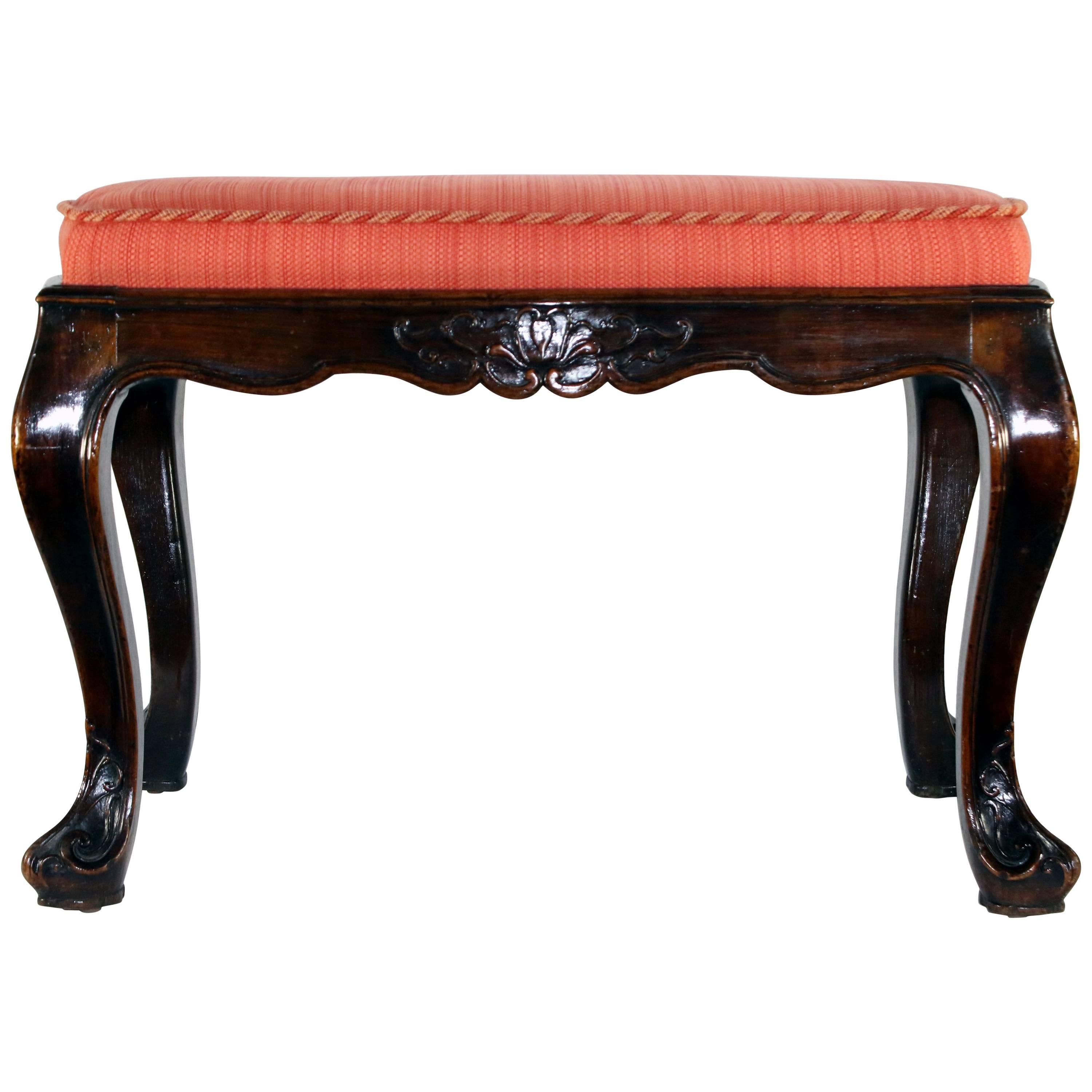 19th Century French Carved Walnut Upholstered Vanity Bench For Sale