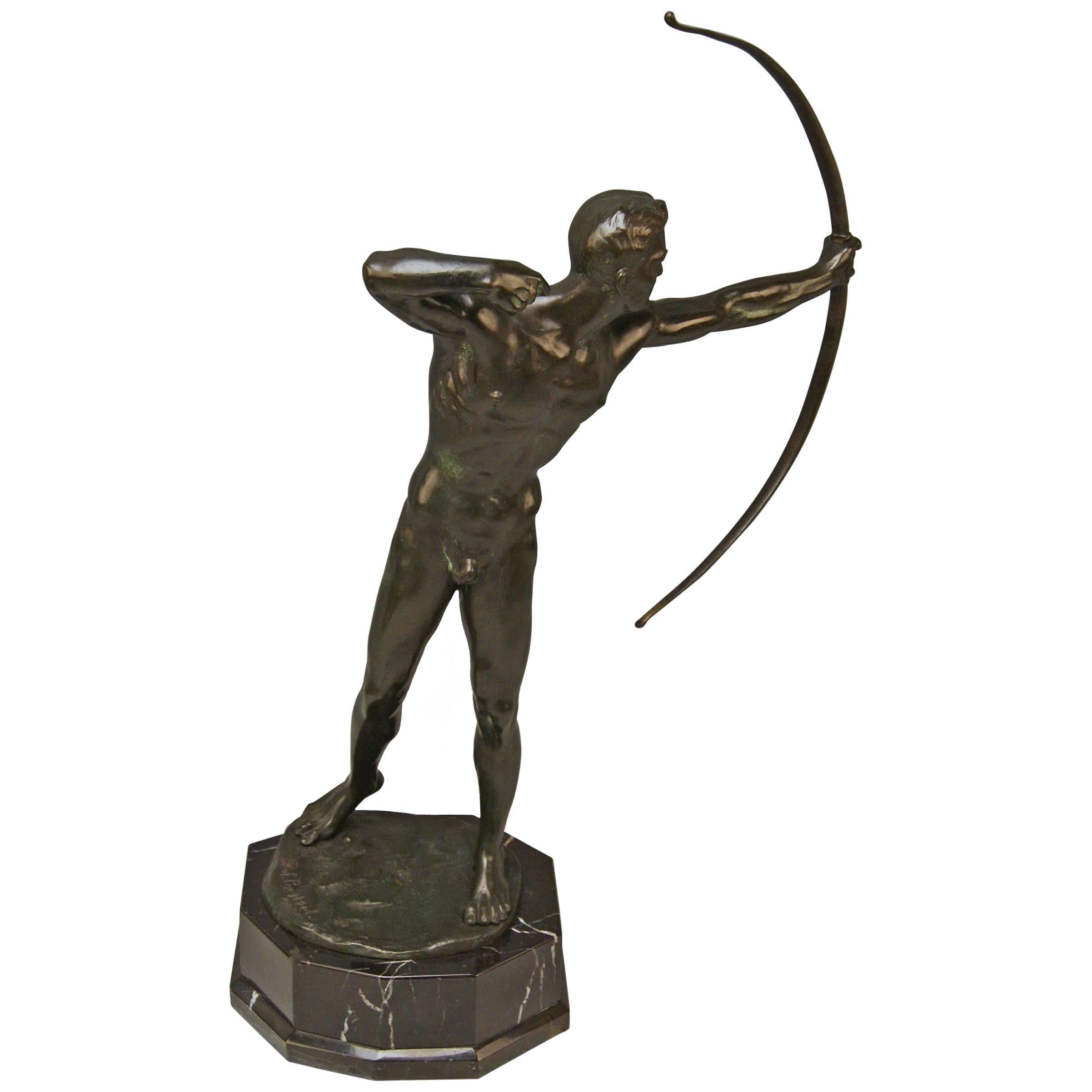 Bronze Archer Bowman Bow Hunter Figurine, Poertzel Otto Germany Made, circa 1925
