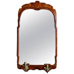 Queen Anne Period Figured Walnut Mirror Original Brass Candle Arms, circa 1710