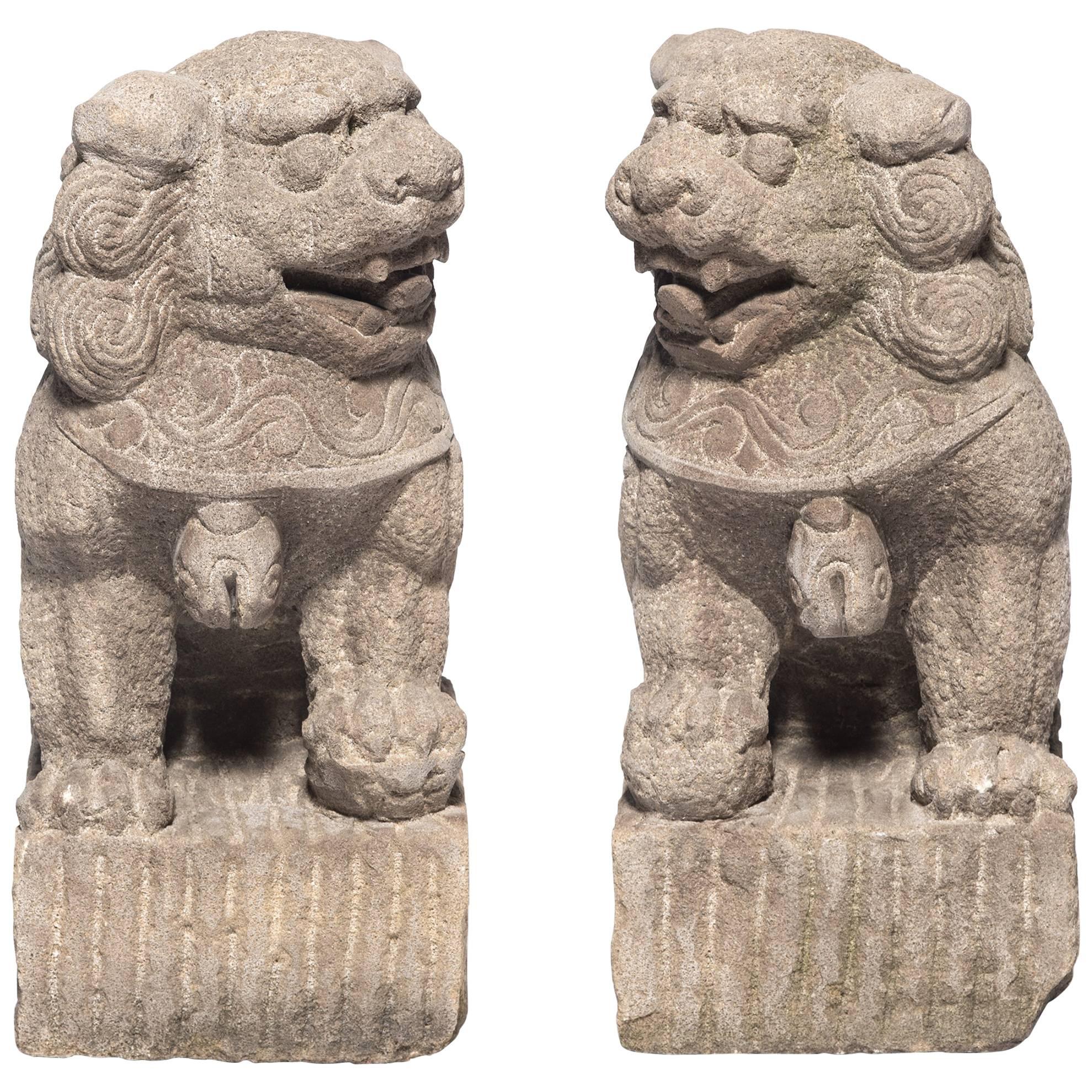 Pair of Chinese Stone Fu Dog Protectors, c. 1850