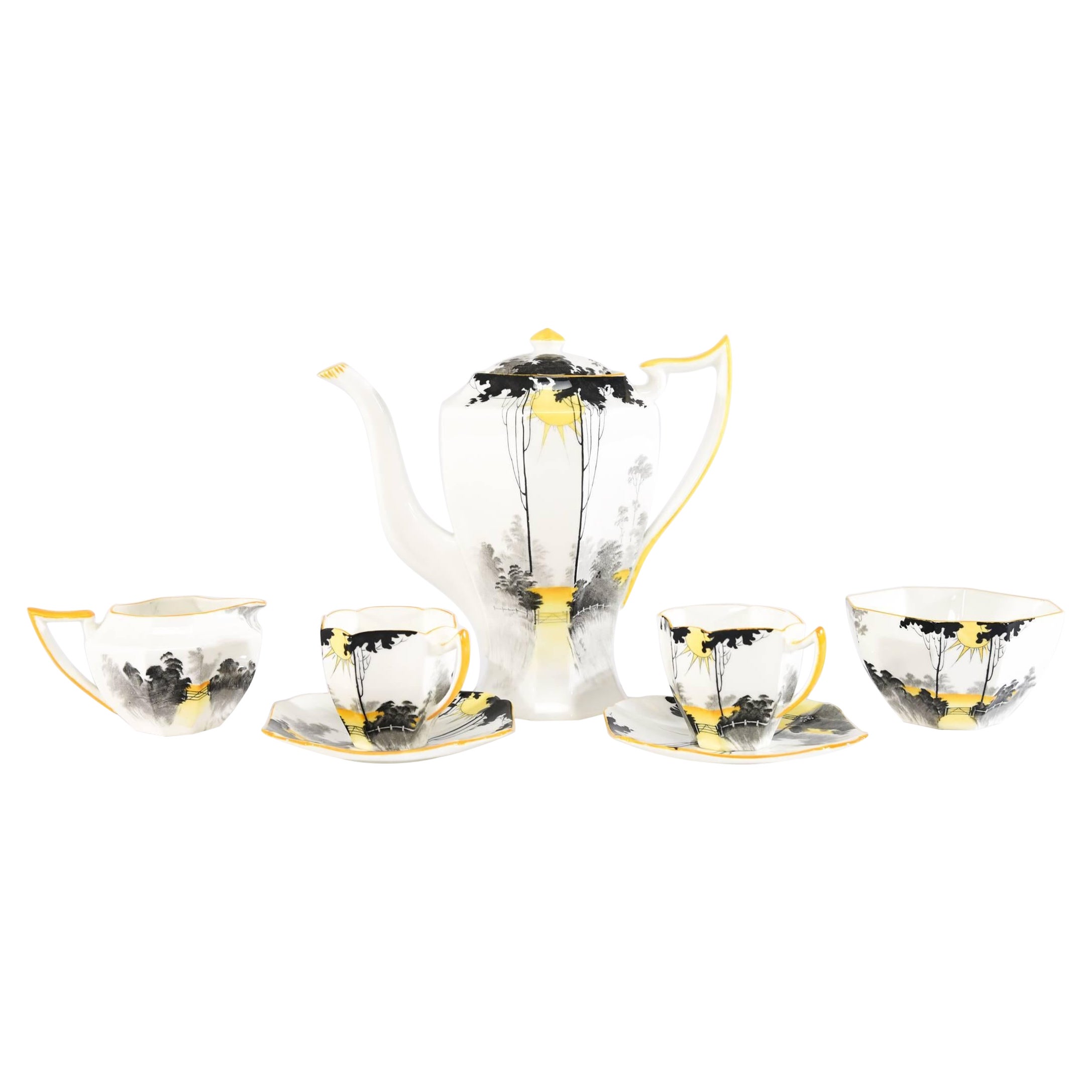 Shelley Art Deco Coffee/Espresso Set for 4 Trees with Sun Shining For Sale