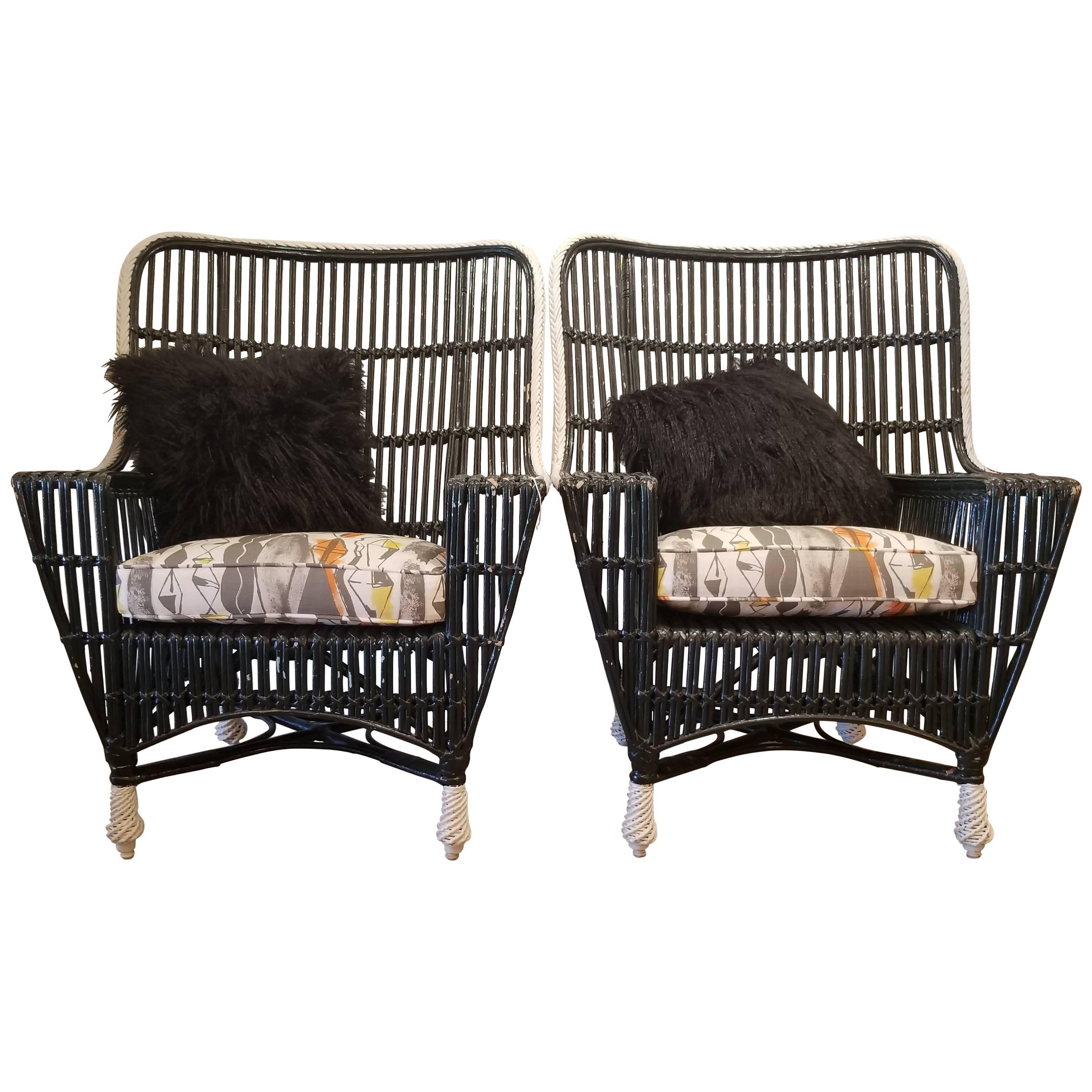 Pair of Vintage Black Lacquered Rattan Woven Chairs For Sale