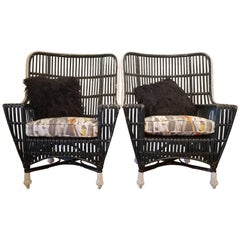 Pair of Vintage Black Lacquered Rattan Woven Chairs