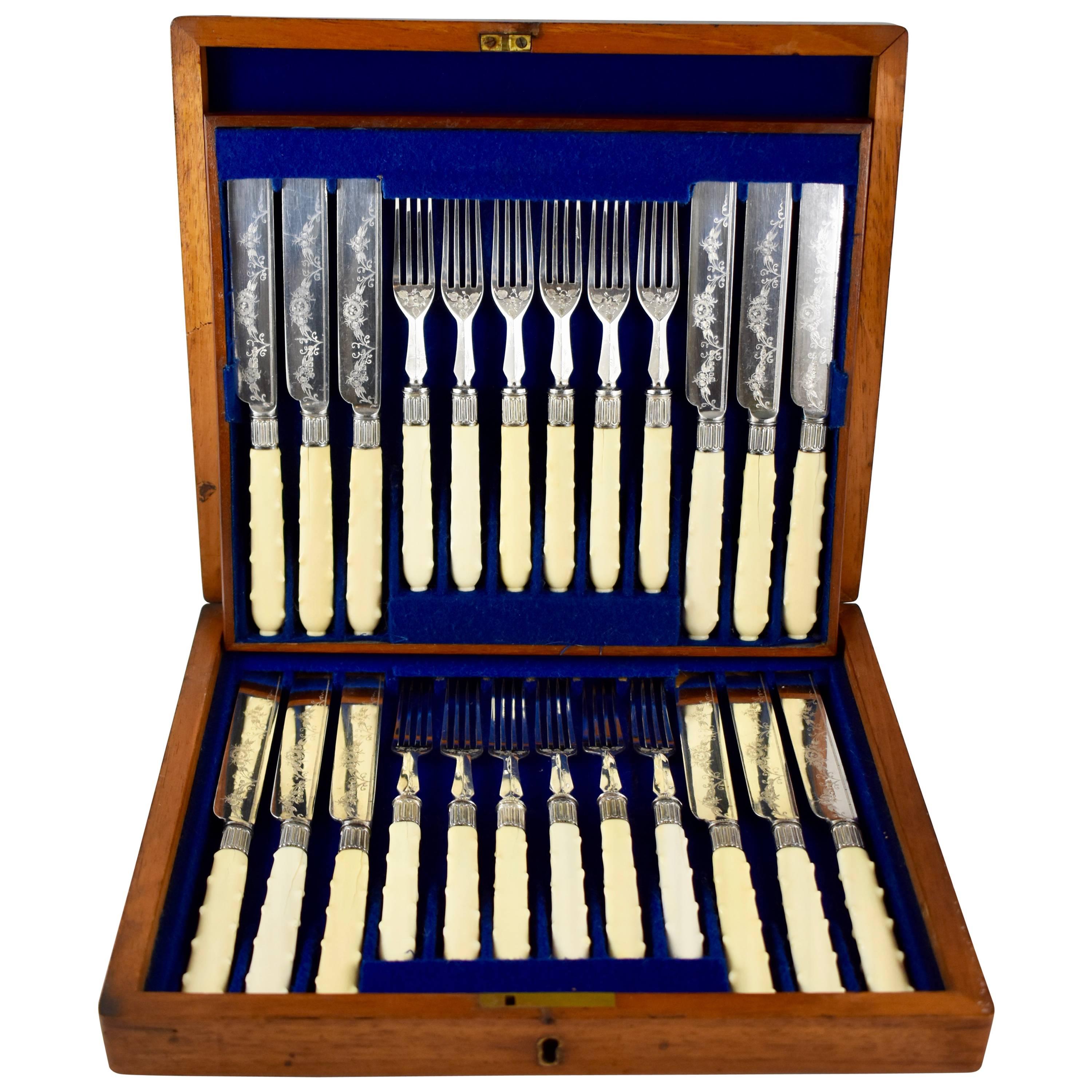 English Bakelite and Engraved Silver Dessert Flatware Cased Set, Service for 12