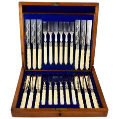 Antique English Bakelite and Engraved Silver Dessert Flatware Cased Set, Service for 12