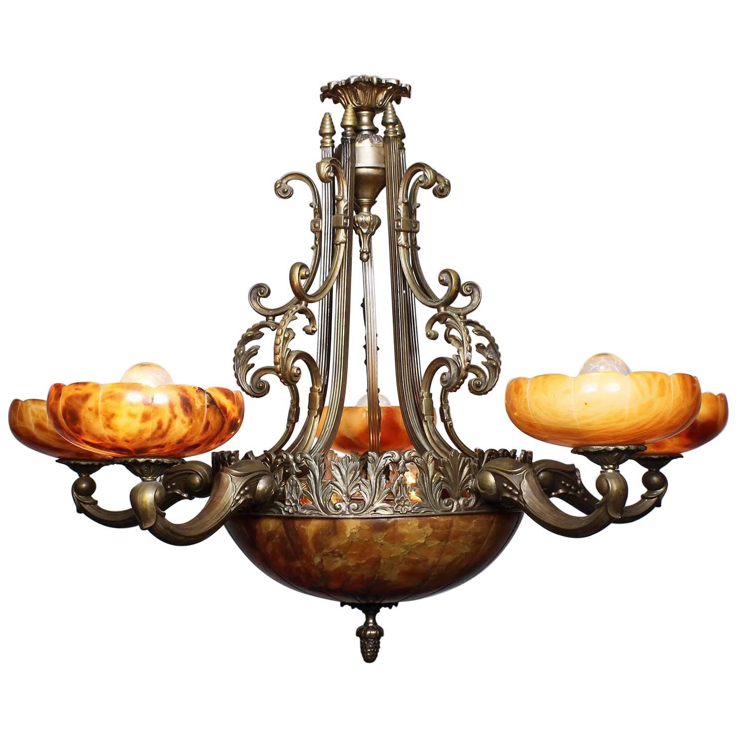 French 20th Century Art Deco Bronze and Carved Alabaster Five-Light Chandelier