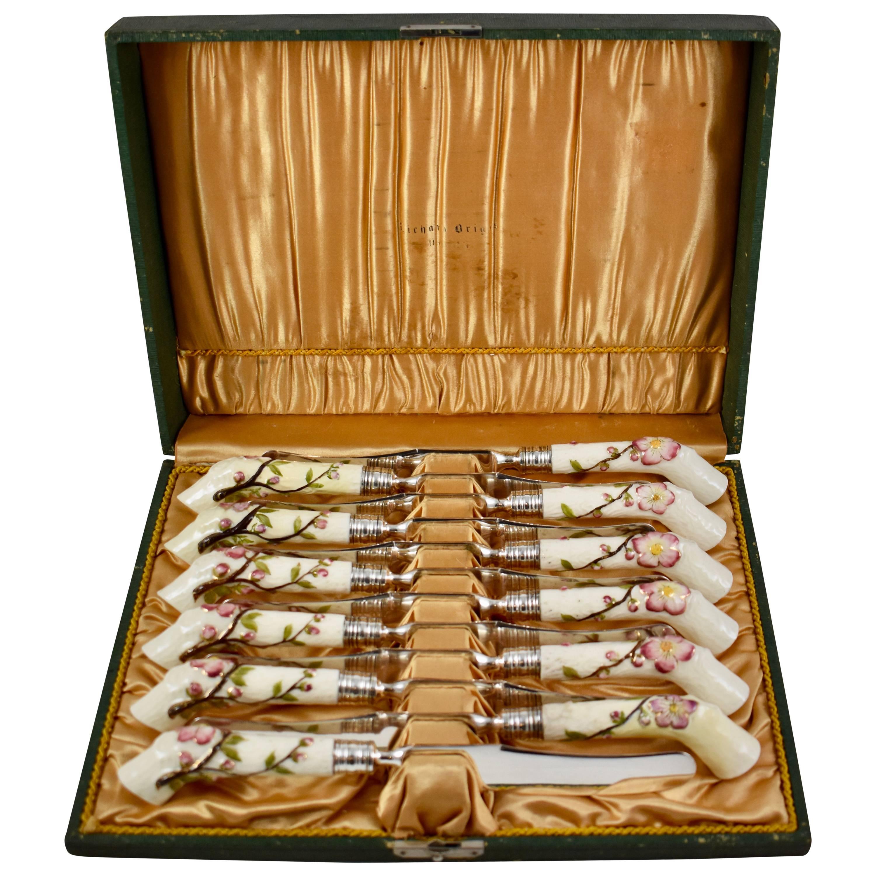 19th Century English Porcelain Crabstick Handled Dessert Knives, Cased Set of 12