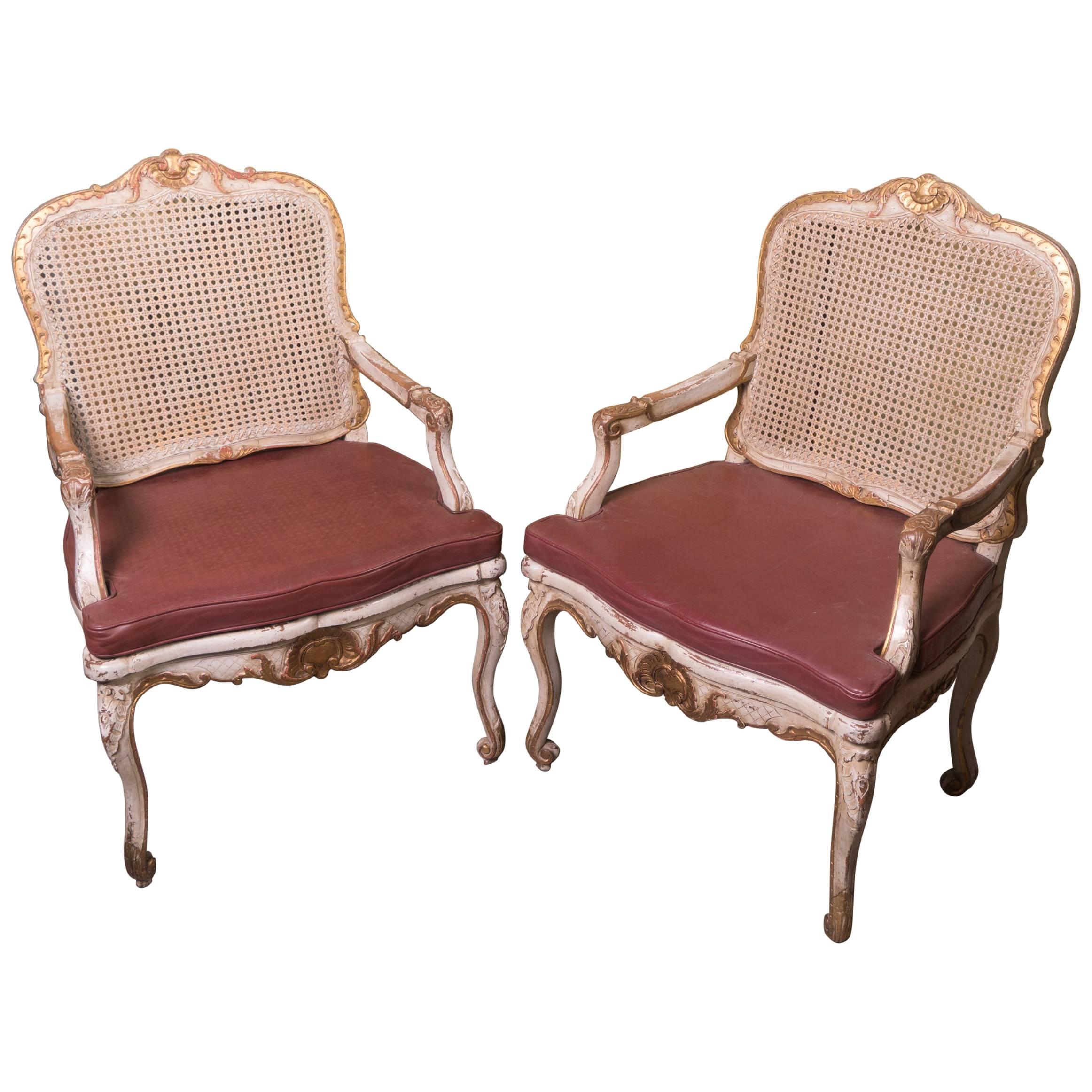 Pair of Painted and Gilded Caned Regence Chairs