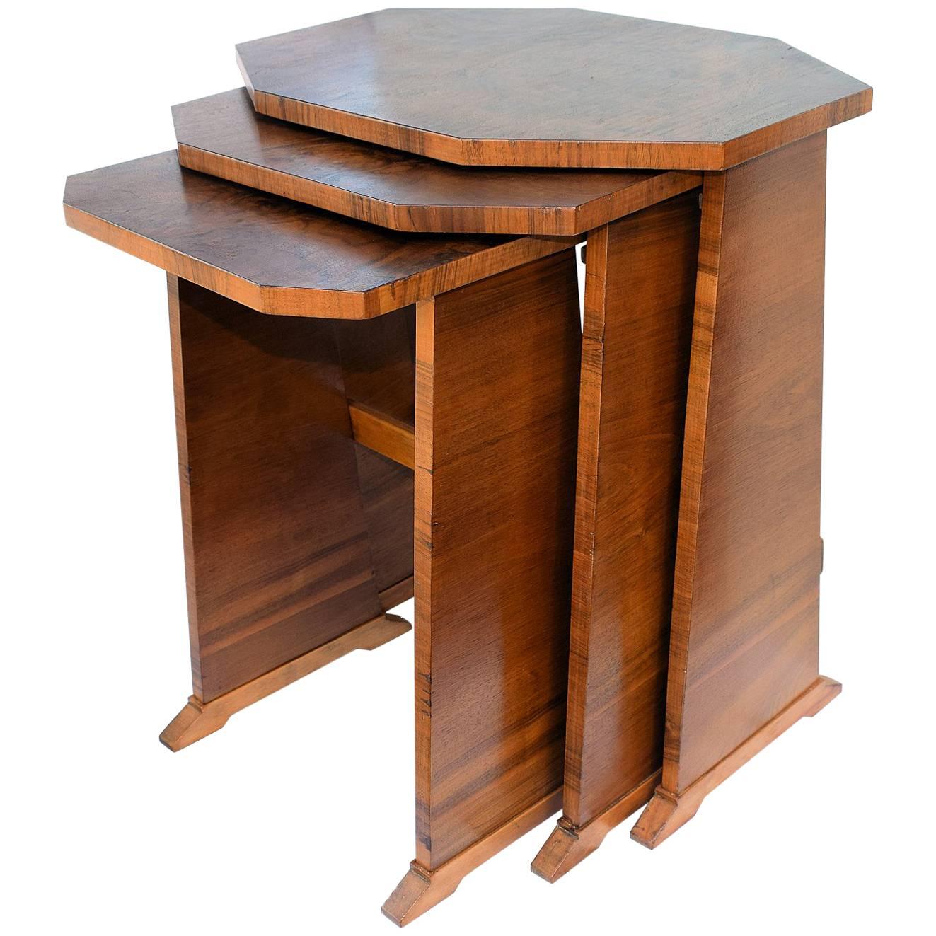 1930s Art Deco Figured Walnut Nest of Three Tables