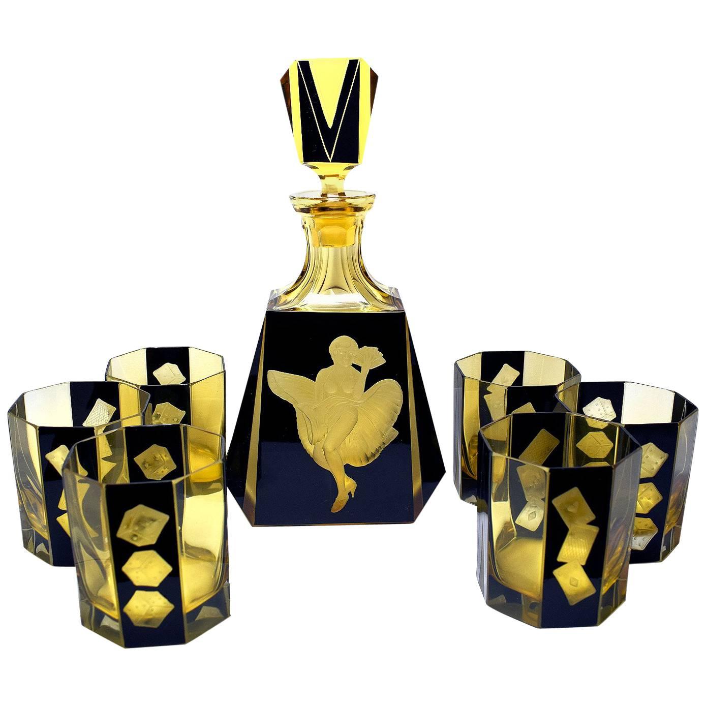 High Style Art Deco Whisky Glass and Enamel Decanter Set by Karl Palda
