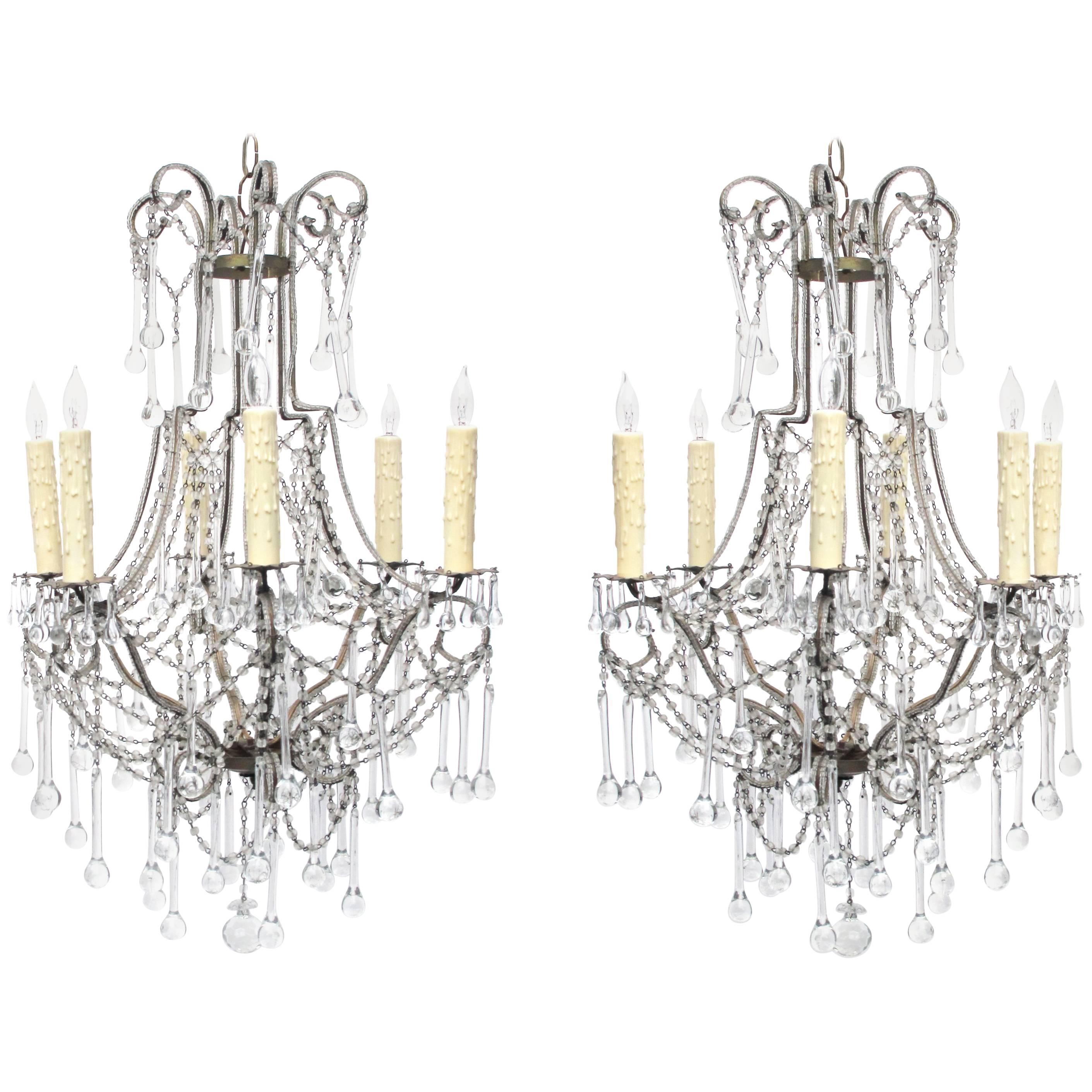 Elegant and Graceful Italian 1960s Cage-Frame Beaded Six-Light Chandeliers, Pair