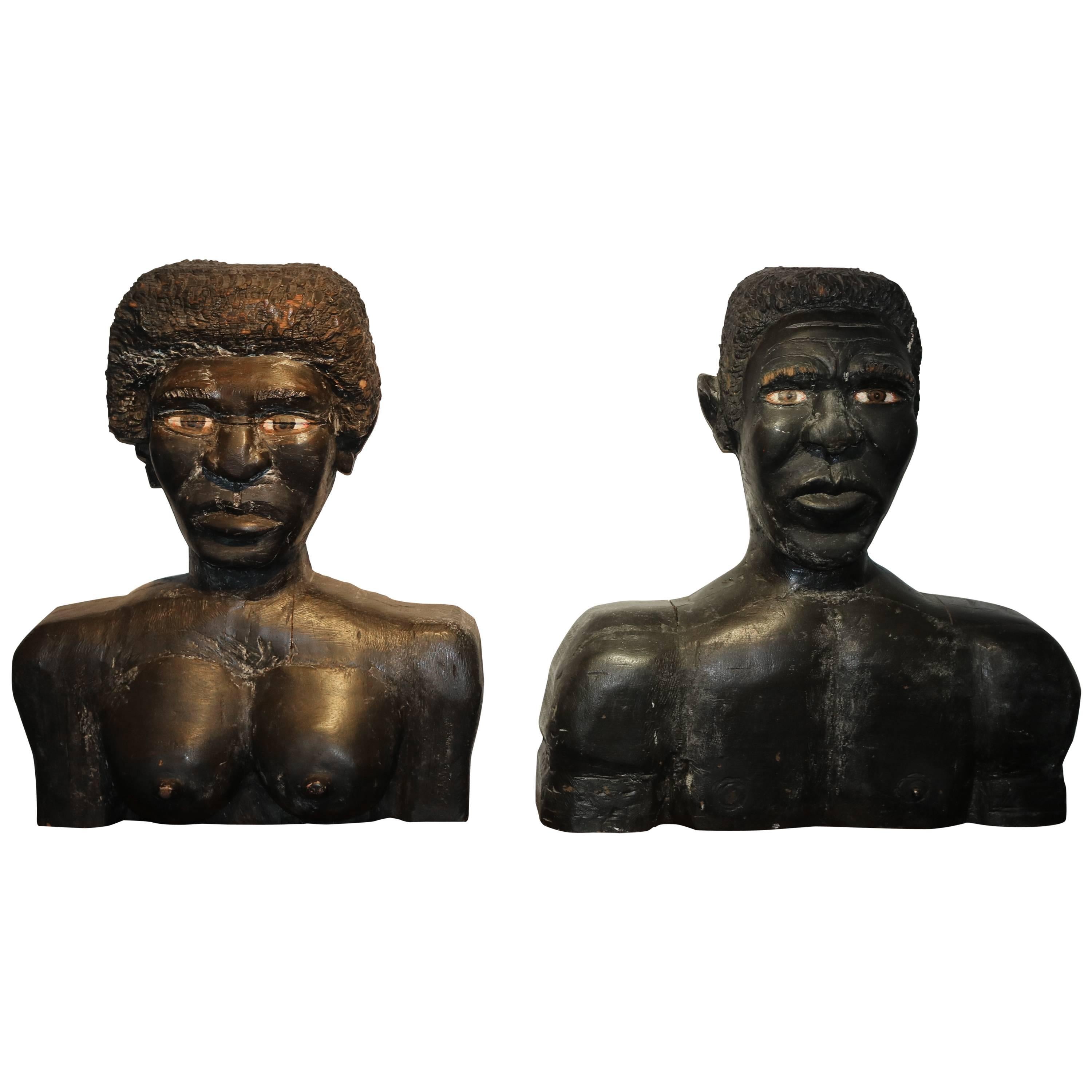 American Folk Art Large Wood Carved Male and Female Black Busts Sculptures For Sale