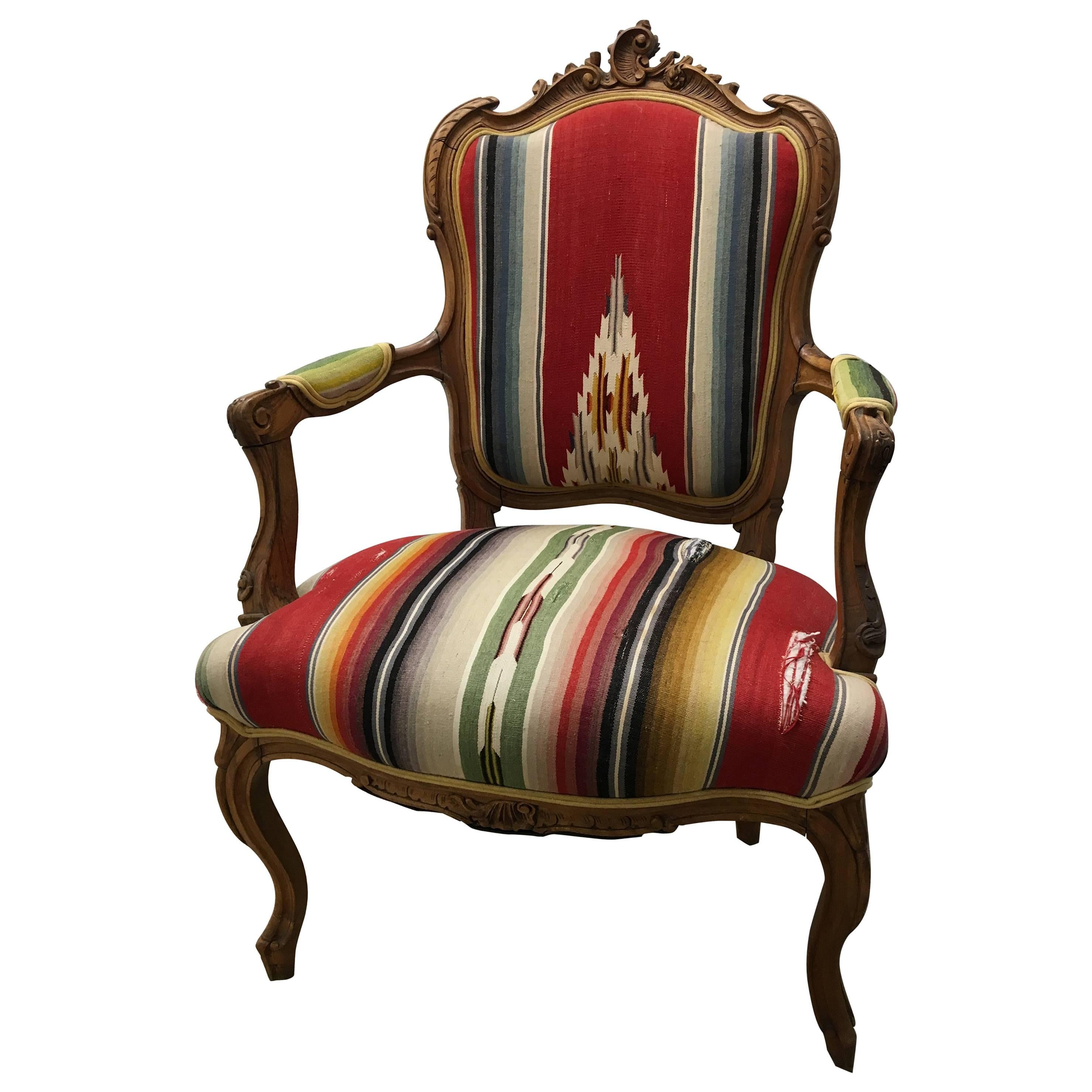 Vintage French Chair Upholstered with Vintage Serape Fabric For Sale