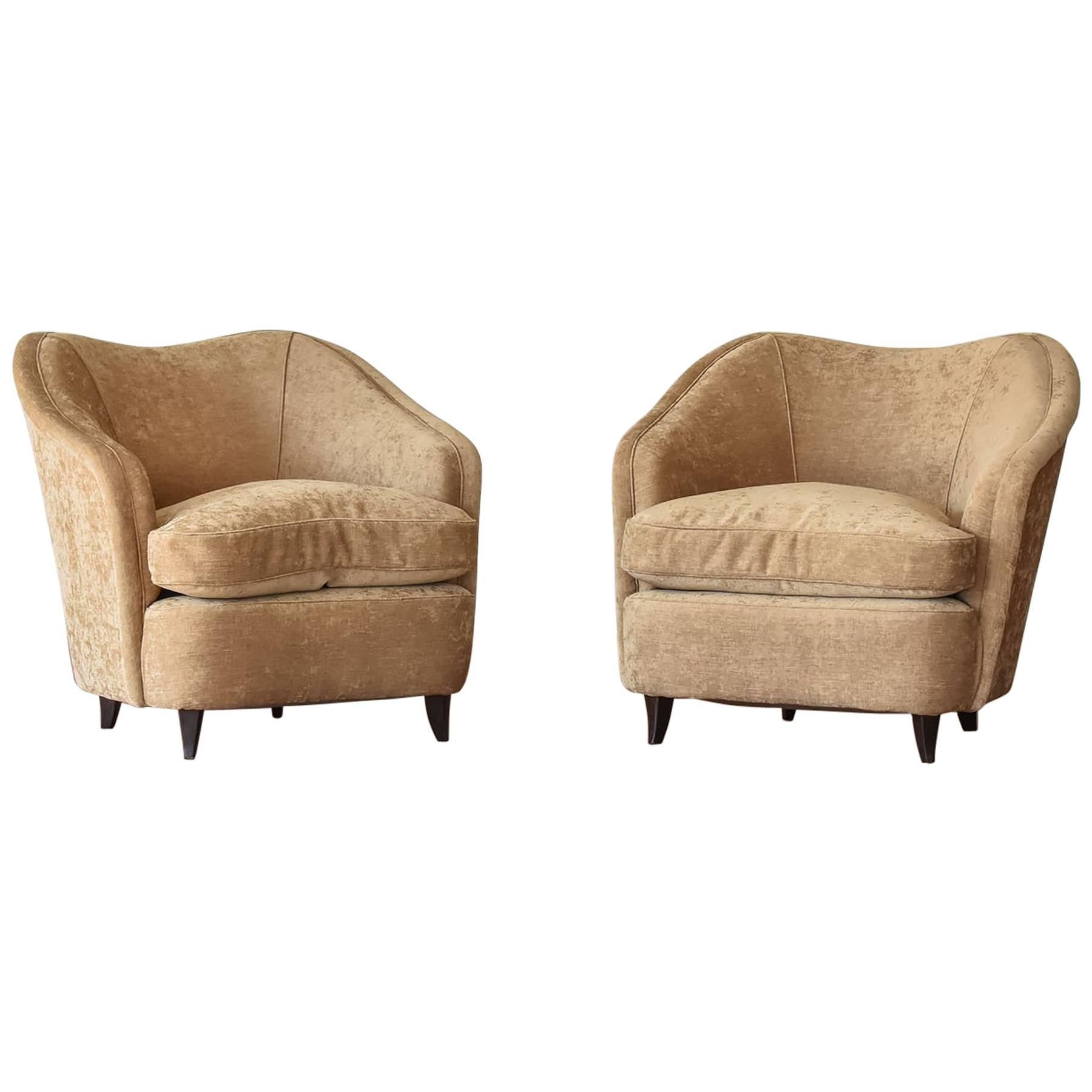 Gio Ponti, Lounge / Armchairs, Beige Velvet, Dark Beech Legs, Italy, 1940s